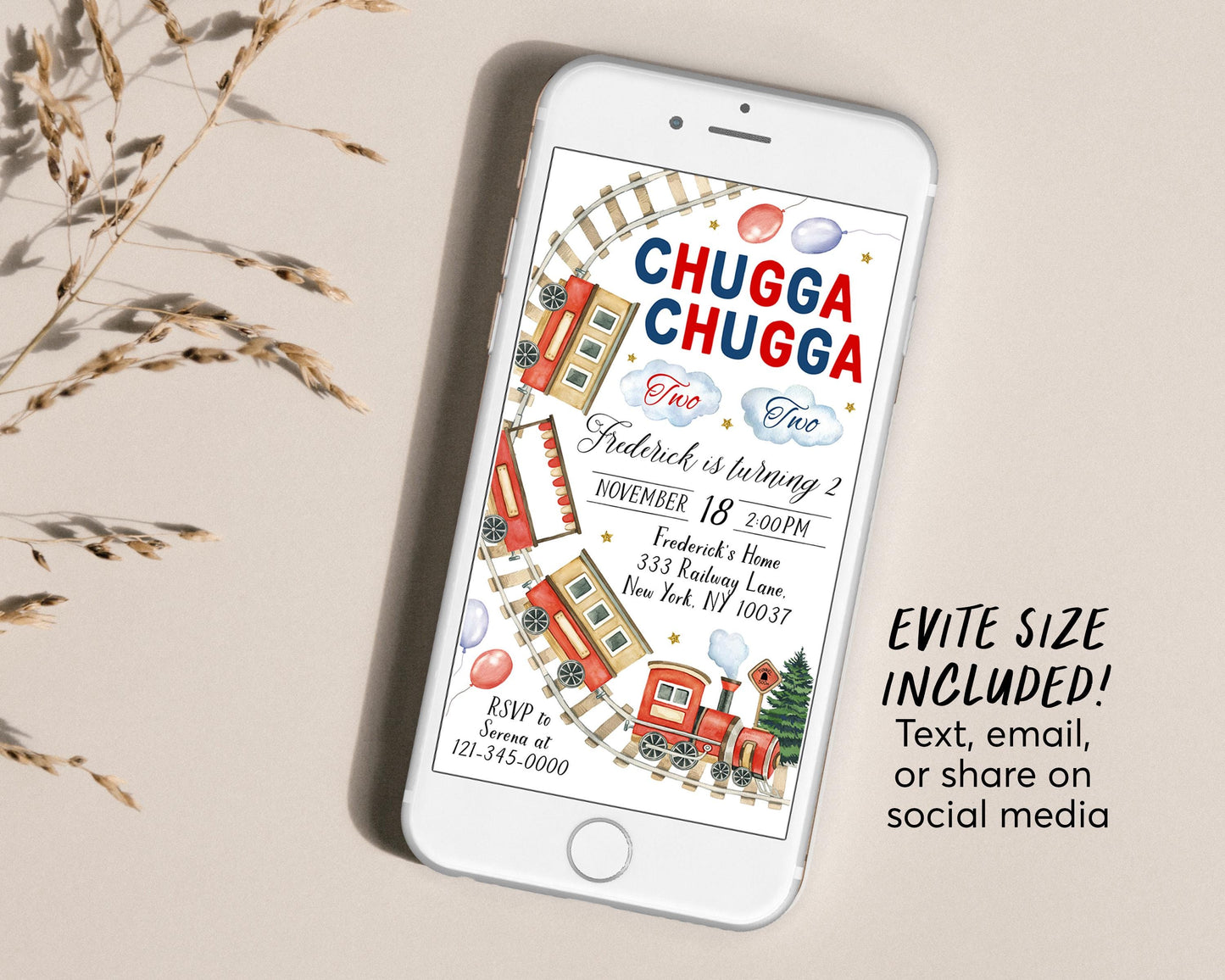 Chugga Two Train Birthday Invitation With Photo Editable Template, Chugga Choo Train 2nd Second Birthday Boarding Pass Party Invite Evite