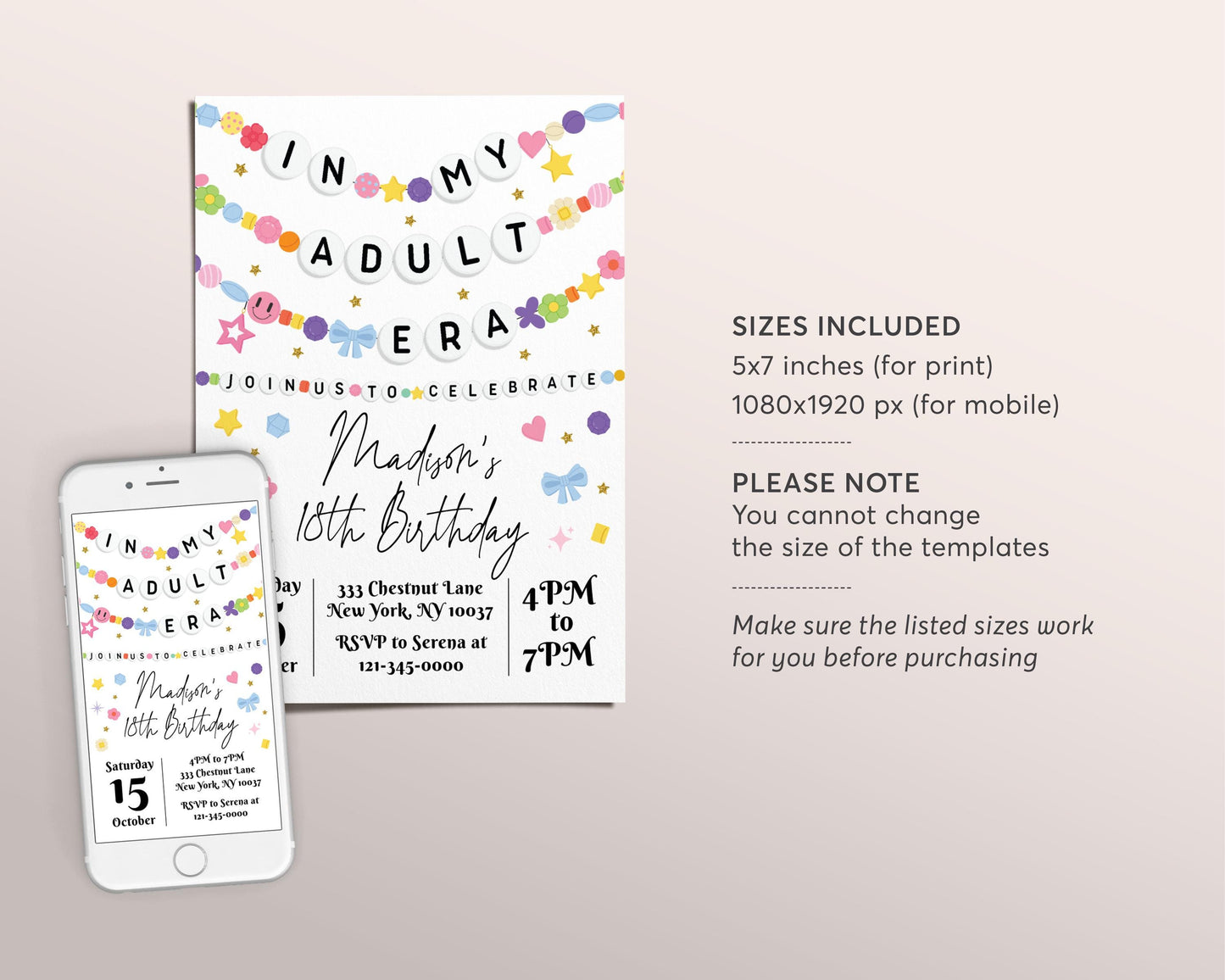 In My Adult Era Invitation Editable Template, Friendship Bracelet Party Invite, Eighteen 18th Birthday Girl Eras Music Themed Party Evite