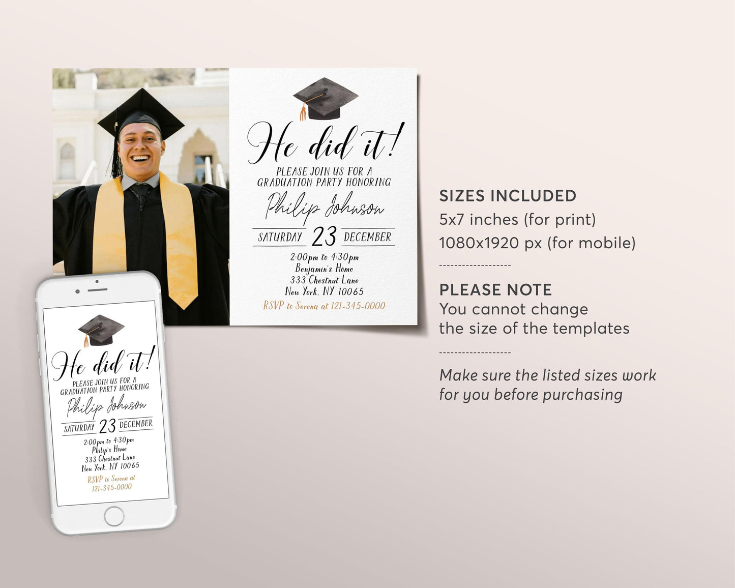 Graduation Invitation With Photo Editable Template, He did it Graduation Announcement Party Invite for Him, Grad College High School Evite