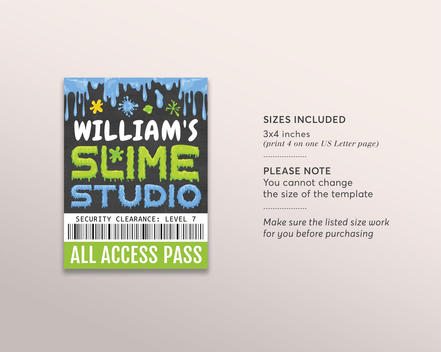 Slime Studio VIP Pass Editable Template, Boy Slime Entry Workshop All Access Pass, Slime Birthday Party Name Insert, ID Badge VIP Lanyard