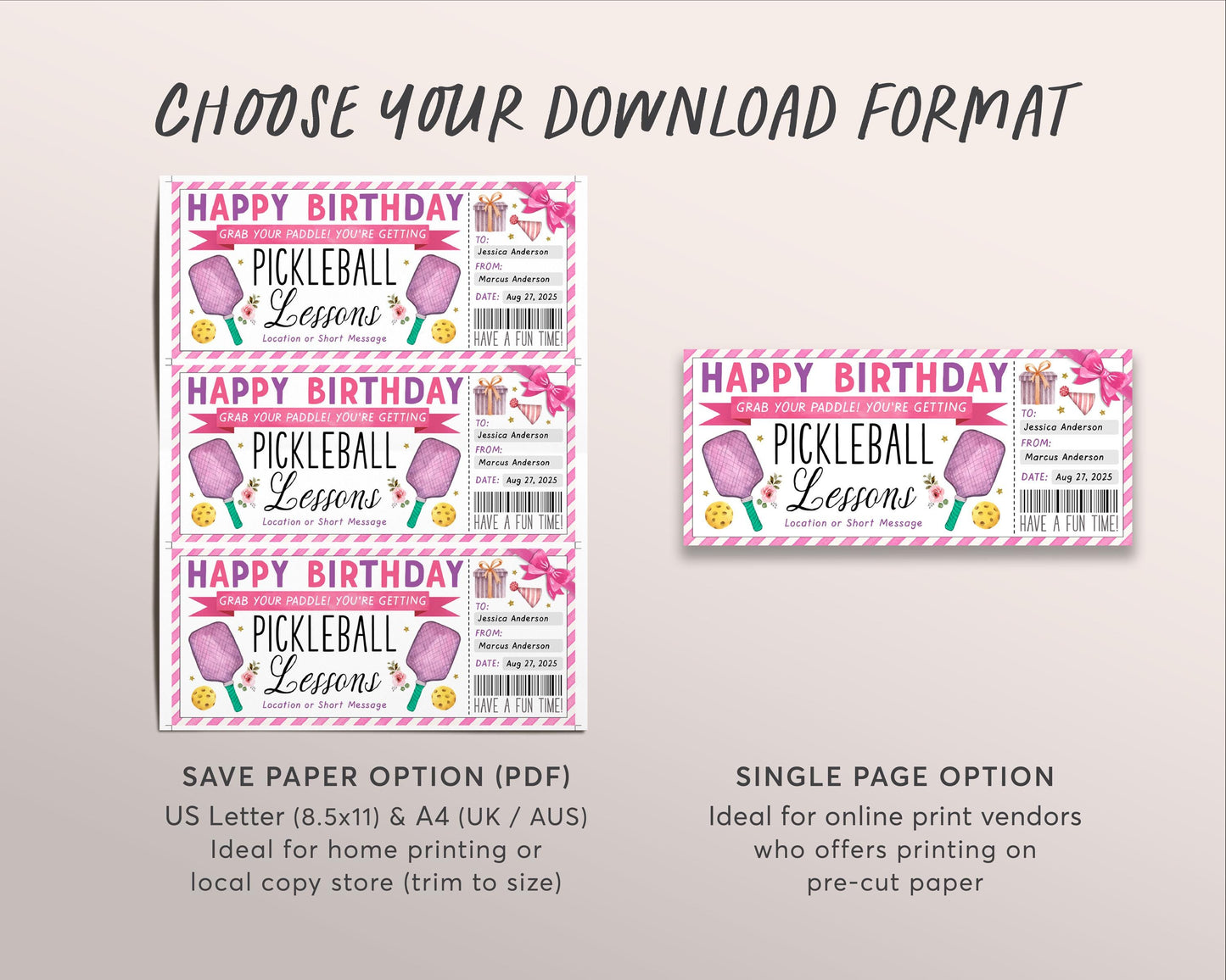 Pickleball Lessons Gift Certificate Editable Template, Birthday Surprise Pickle Ball Classes Voucher, Pickleball Lover Gift Idea For Her