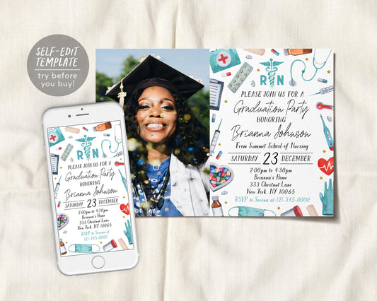 Nursing School Graduation Invitation With Photo Editable Template