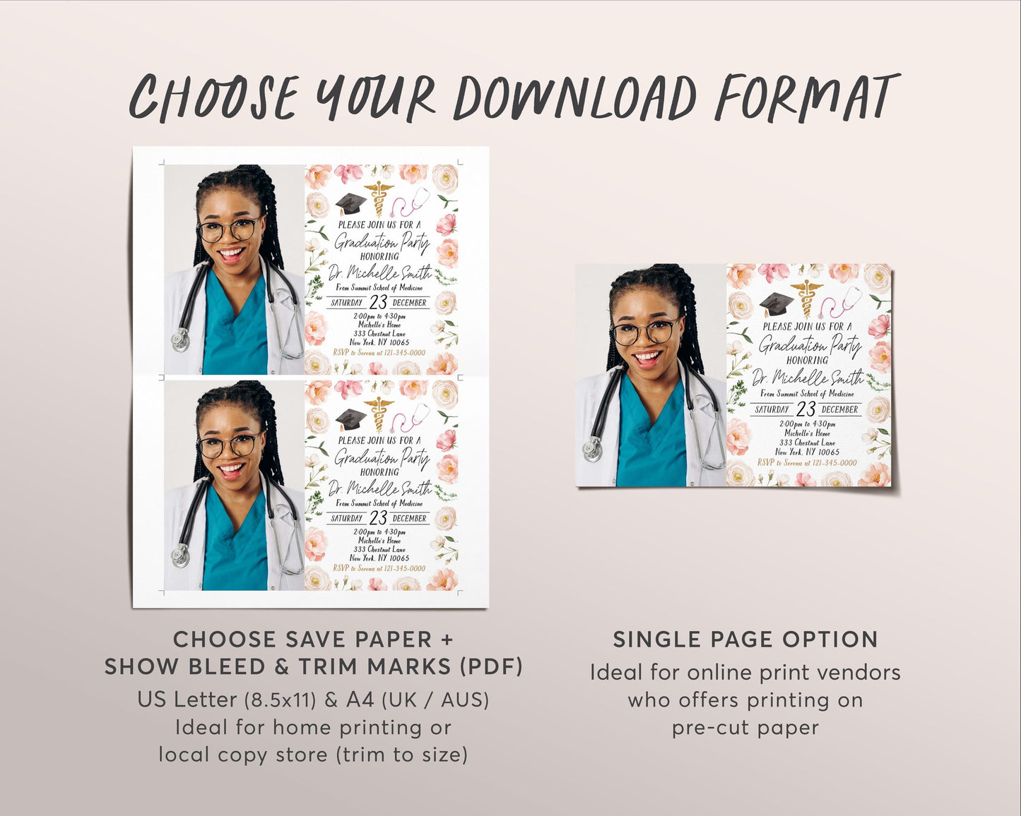 Doctor Graduation Invitation With Photo Editable Template, Floral Medical School Grad Announcement Party Invite for Her, Physician MD DR
