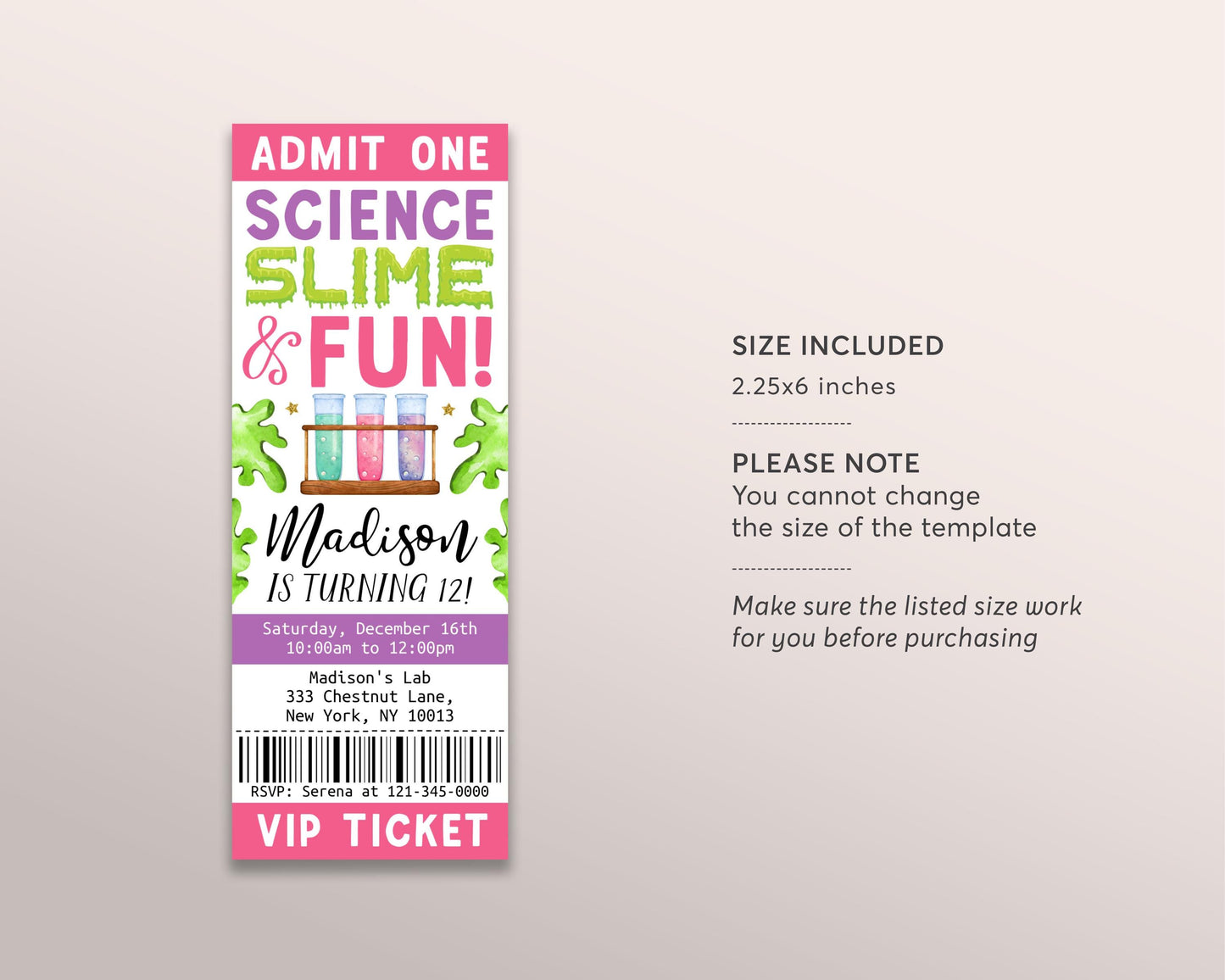 Science Slime Birthday Ticket Invitation Editable Template, Girl Scientist Slime Experiment Party Invite, Kids Slime Science Lab Party Evite