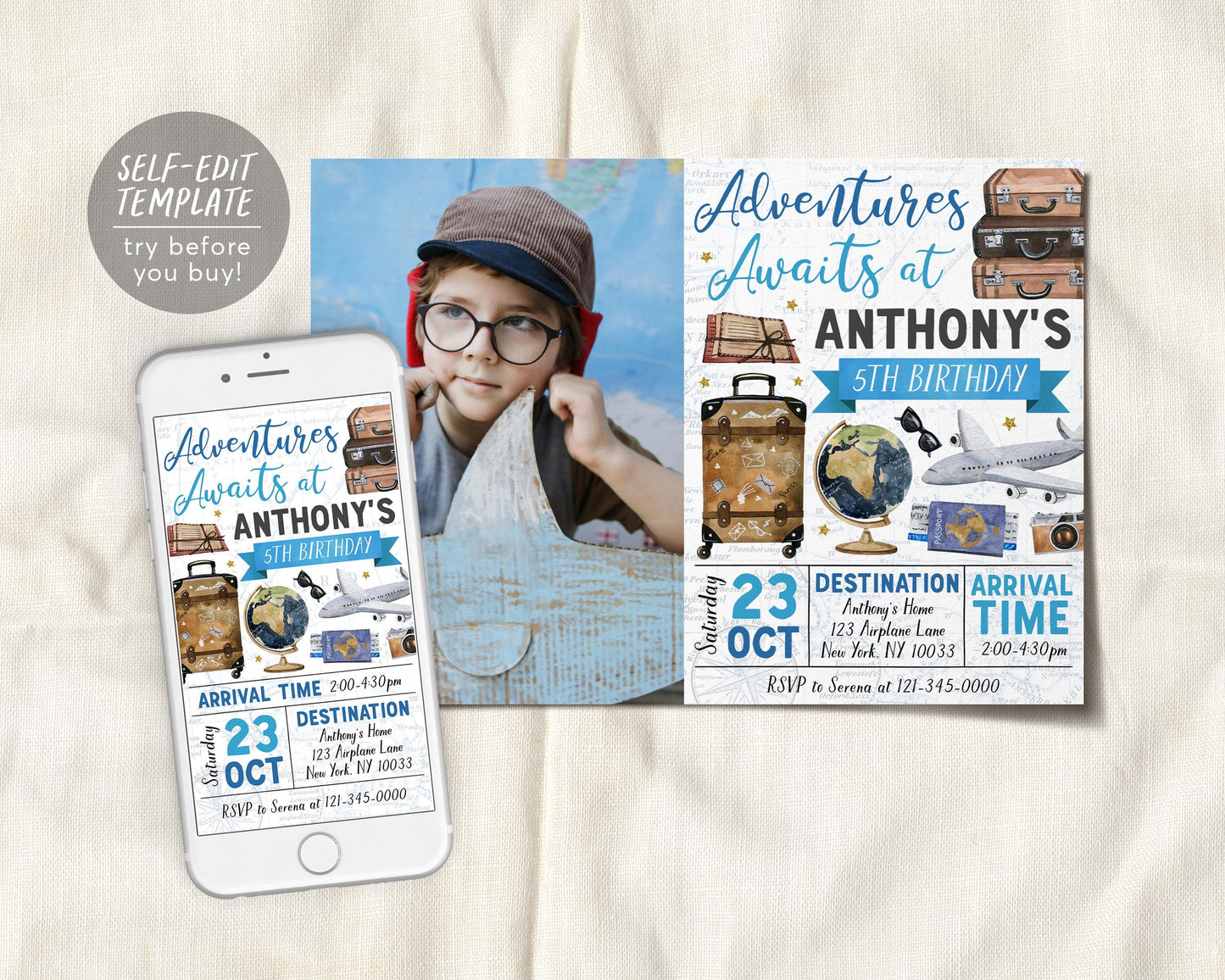 Adventure Awaits Travel Birthday Invitation With Photo Editable Template