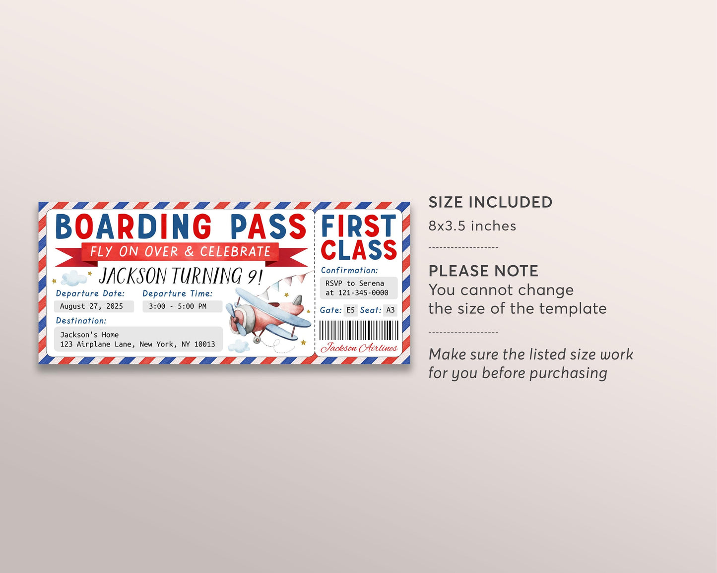 Airplane Birthday Ticket Invitation Editable Template, Plane Boarding Pass Party Invite, First Class Travel Flight Airline Ticket Evite