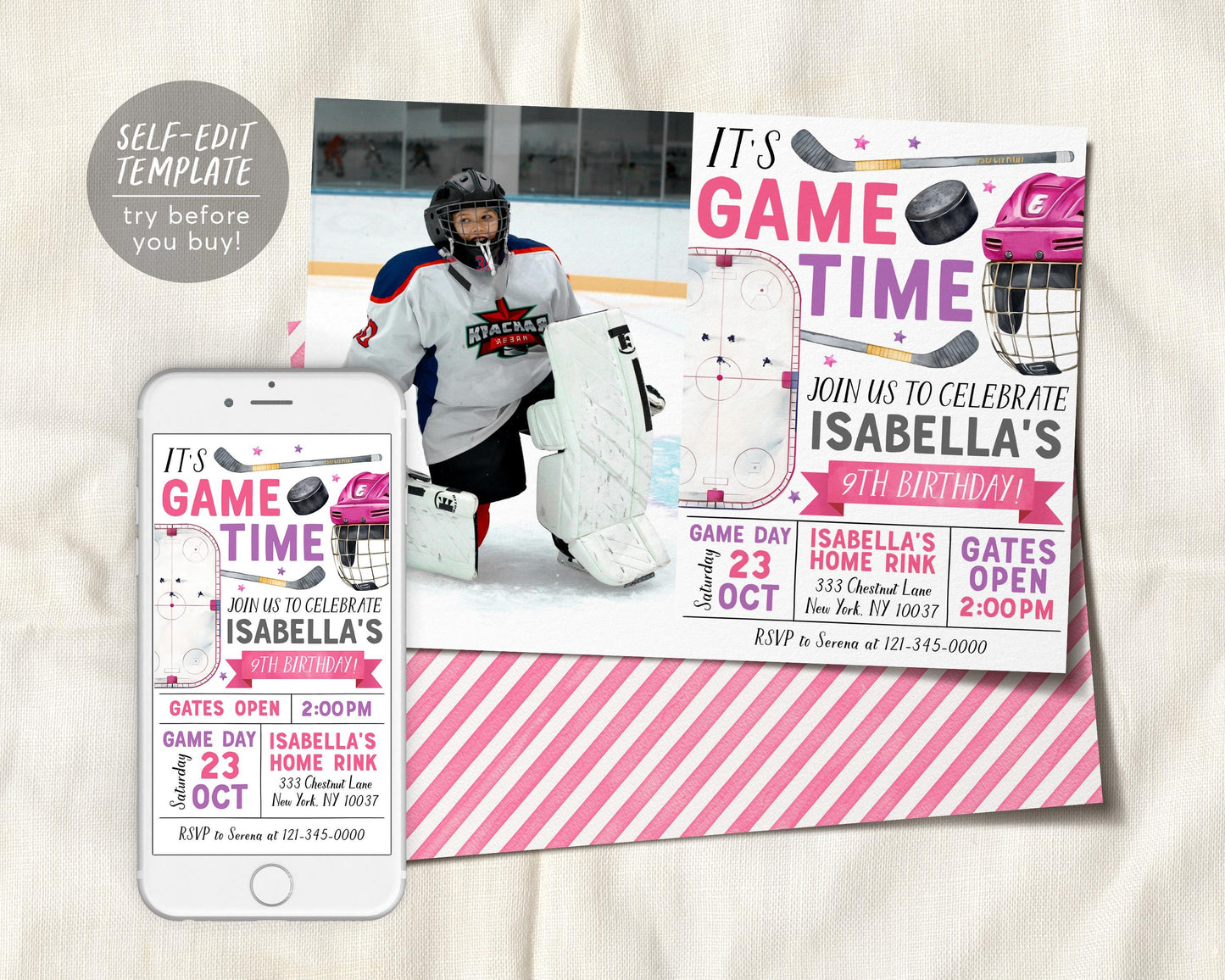 Ice Hockey Birthday Invitation With Photo Editable Template