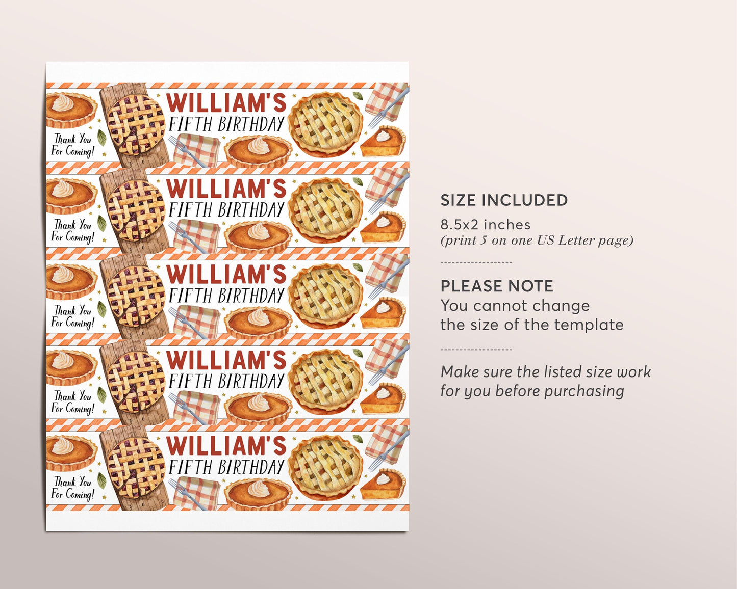 Pie Water Bottle Labels Editable Template, Cutie Pie Birthday Party Bottle Wrapper Drink Tag, Fall Autumn Sweetie Pumpkin Pie Water Label