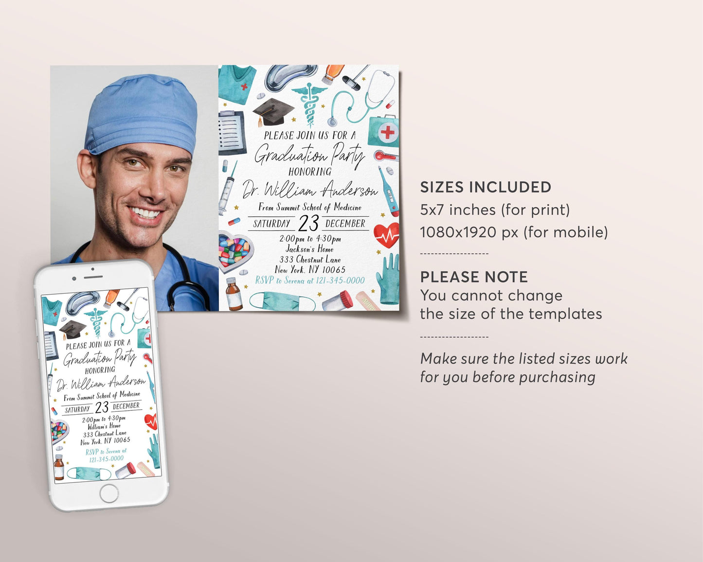Doctor Graduation Invitation With Photo Editable Template, Medical School Grad Announcement Party Invite Men Women, Physician MD DR Evite