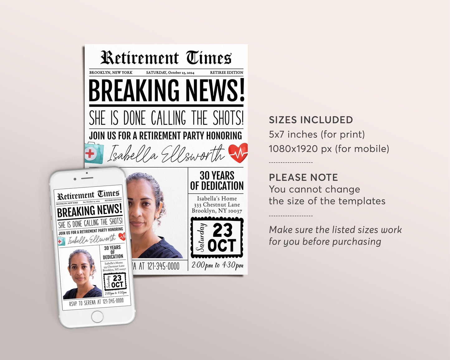 Nurse Retirement Invitation Editable Template, RN Retirement Party Newspaper Invite, Surprise Done Calling The Shots Doctor Retire Evite