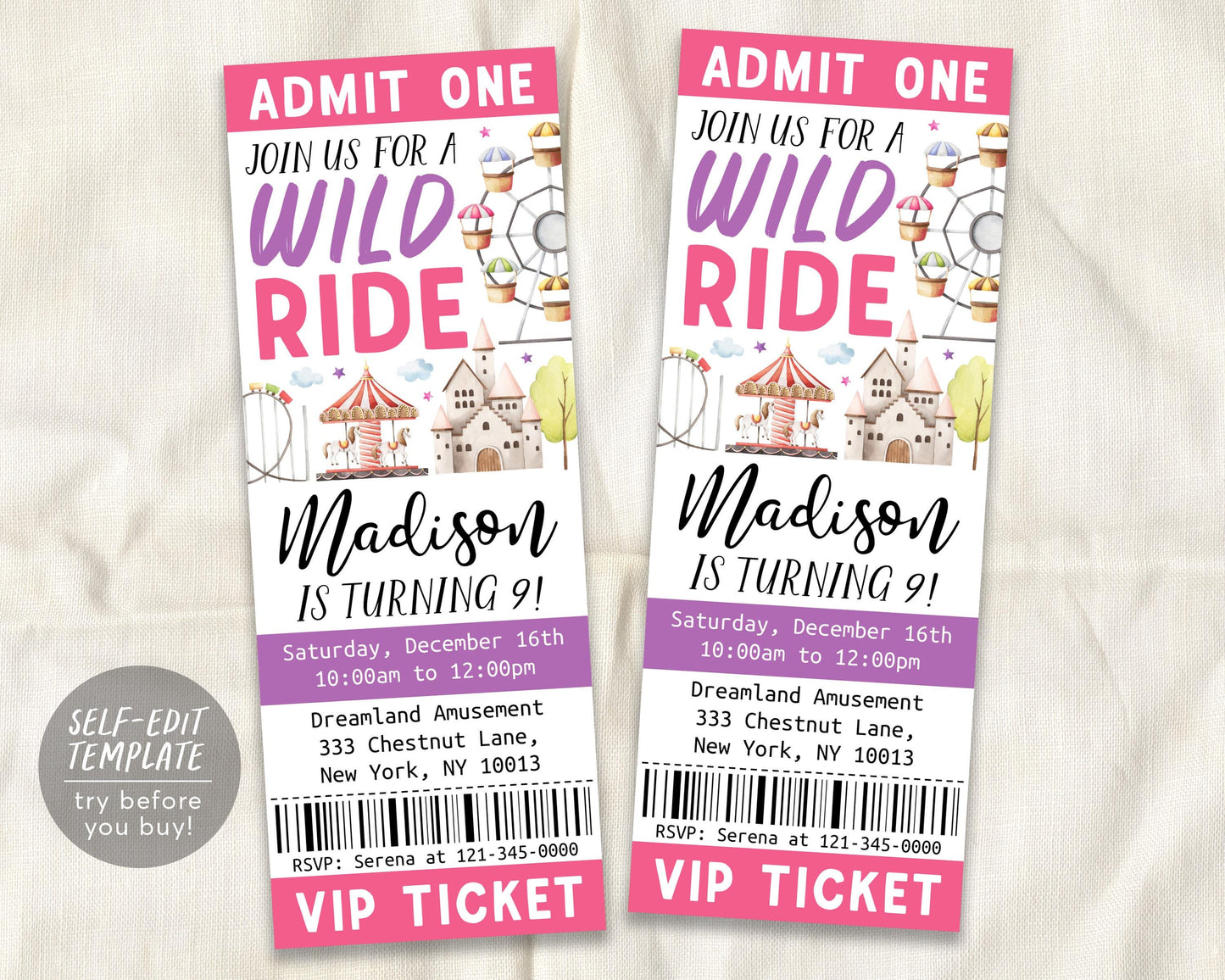 Amusement Park Birthday Ticket Invitation Editable Template