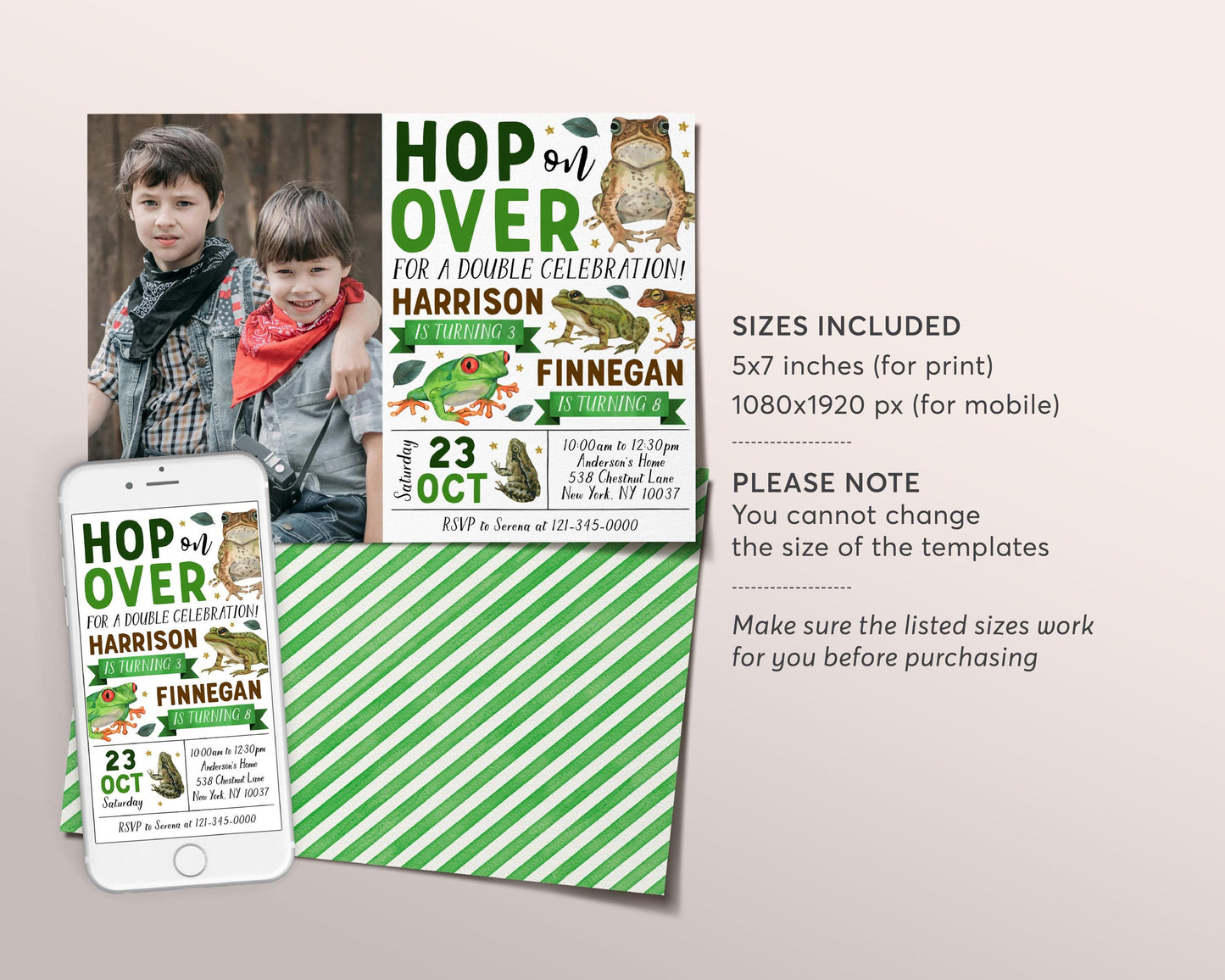 Frog Joint Siblings Birthday Invitation With Photo Editable Template, Brothers Twins Hop On Over Frogs Party Invite, Kids Pond Nature Evite