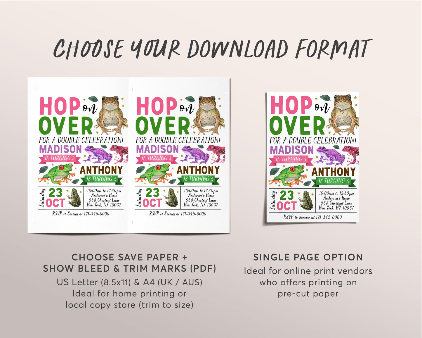 Frog Joint Siblings Birthday Invitation Editable Template, Girl Boy Twins Hop On Over Frogs Theme Party Invite, Kids Swamp Pond Nature Evite