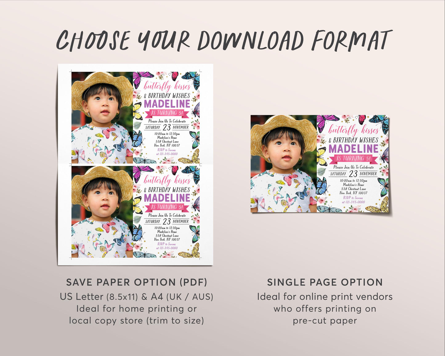 Butterfly Birthday Invitation With Photo Editable Template, Butterfly Kisses and Birthday Wishes Party Invite, Butterflies Garden Evite