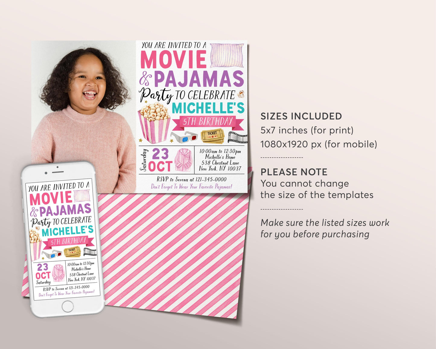 Movie and Pajamas Birthday Invitation With Photo Editable Template, Girl Slumber Party Popcorn Cinema Movie Ticket Invite, Sleepover Evite