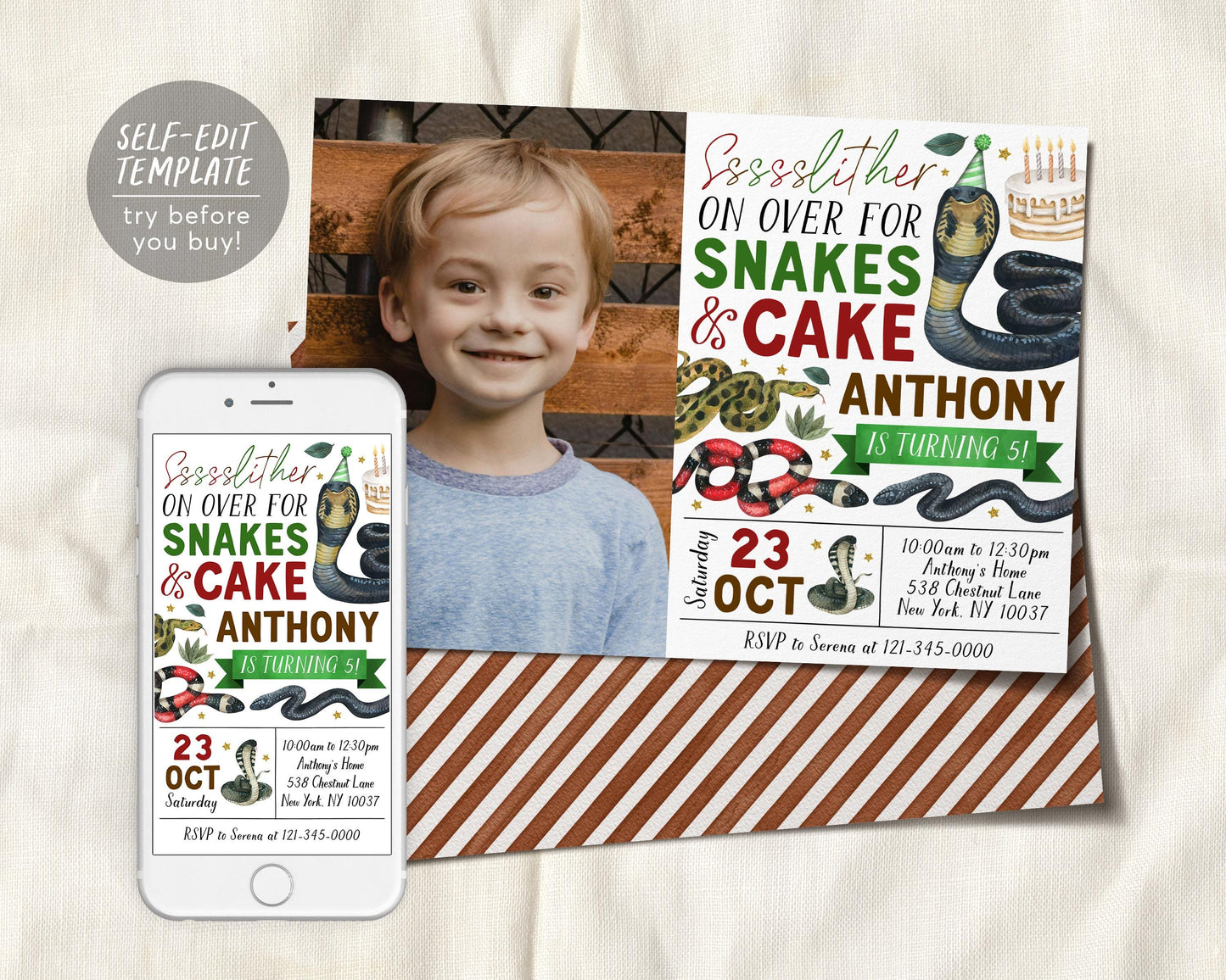 Snake Birthday Invitation With Photo Editable Template