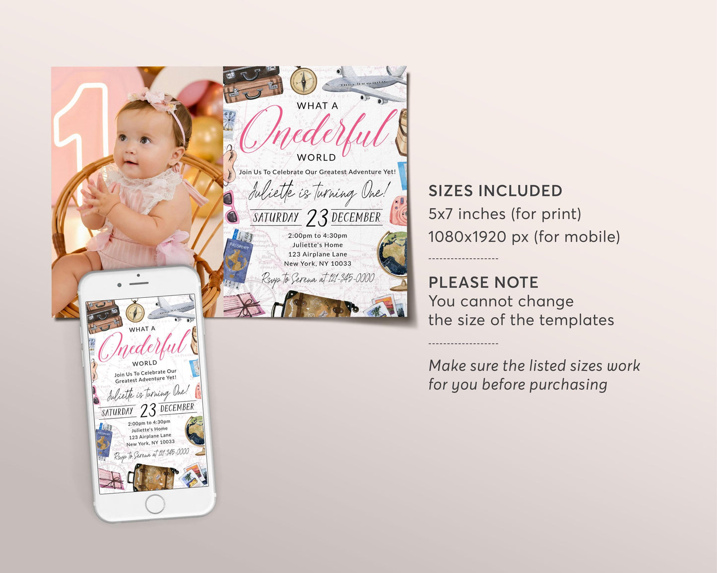 What A Onederful World First Birthday Invitation With Photo Editable Template, Girl Travel Around the World Party Invite, Vintage Map Evite