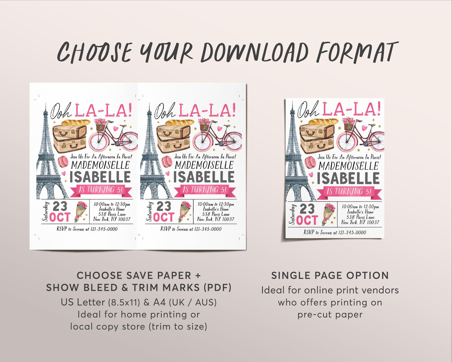 Paris Theme Birthday Invitation Editable Template, Oh La La Eiffel Tower Party Invite, French France Parisian Kids Tween Bow Floral Evite