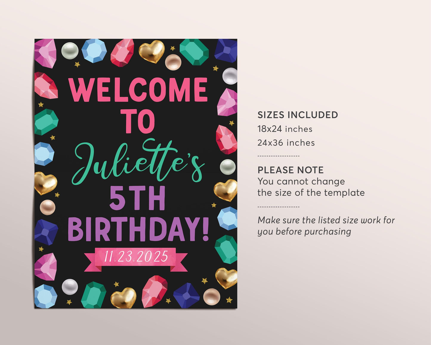 Gems Birthday Welcome Sign Editable Template, Gemstone She's A Gem Party Poster, Jewelry Making Our Little Gem Crystal Gemology Board Banner