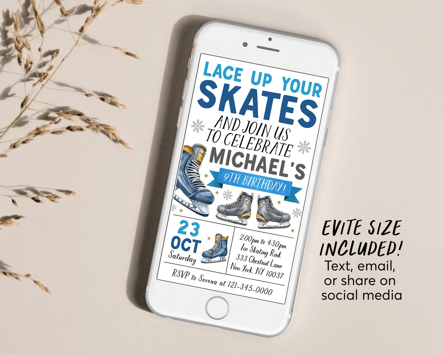 Ice Skating Birthday Invitation With Photo Editable Template, Boy Ice Hockey Skating Party Invite, Kids Lace Up Your Skates Skate Rink Evite