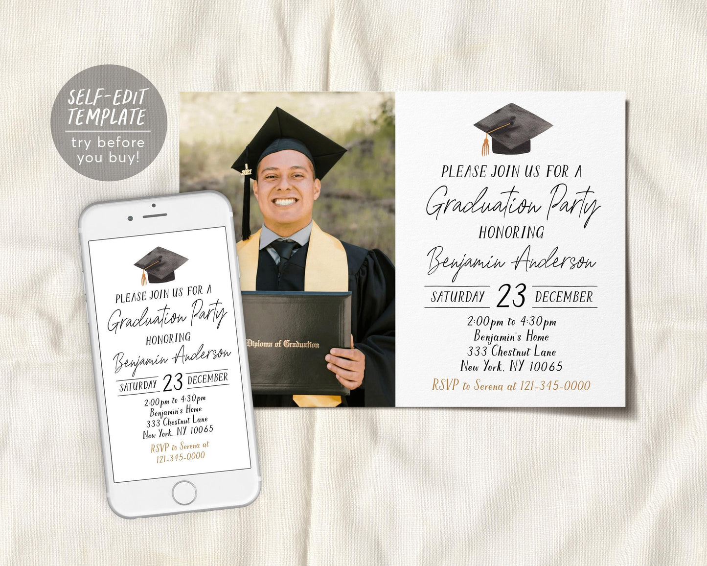 Graduation Invitation With Photo Editable Template