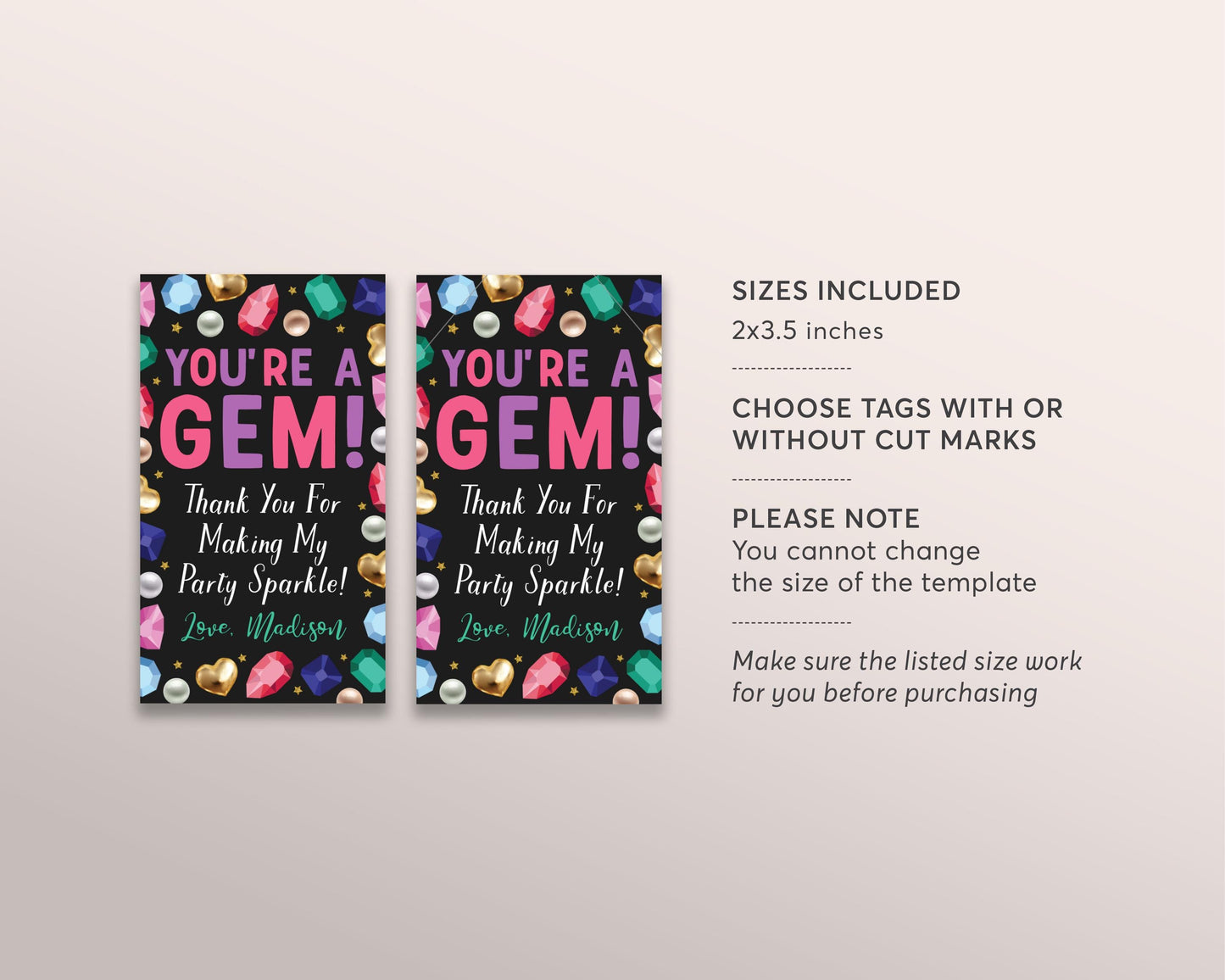 Gemstone Birthday Favor Tags Editable Template, You're a Gem Thank You Treat Bag, Kids Geode Rocks Crystal Gift Tags Labels Gemology Black