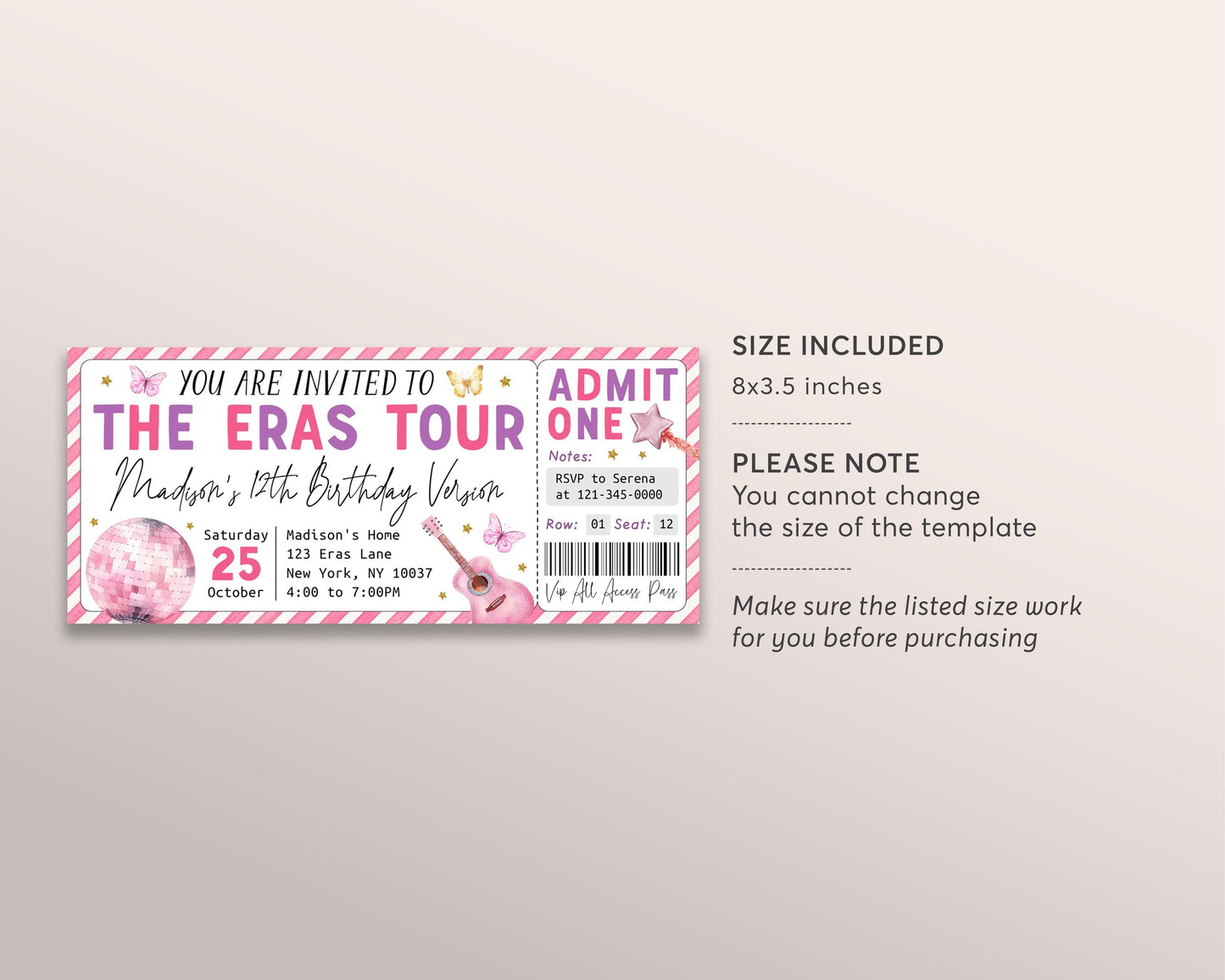 Eras Birthday Ticket Invitation Editable Template, Eras Tour Party Concert Invite, Music Ticket Stub Concert Keepsake Birthday Era Evite