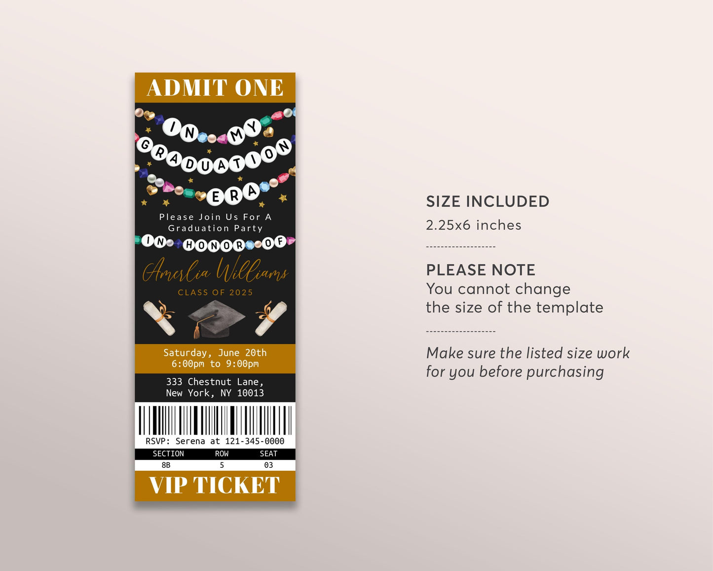 In My Graduation Era Ticket Invitation Editable Template, Graduation Announcement Friendship Bracelet Party Invite Eras Black And Gold Evite