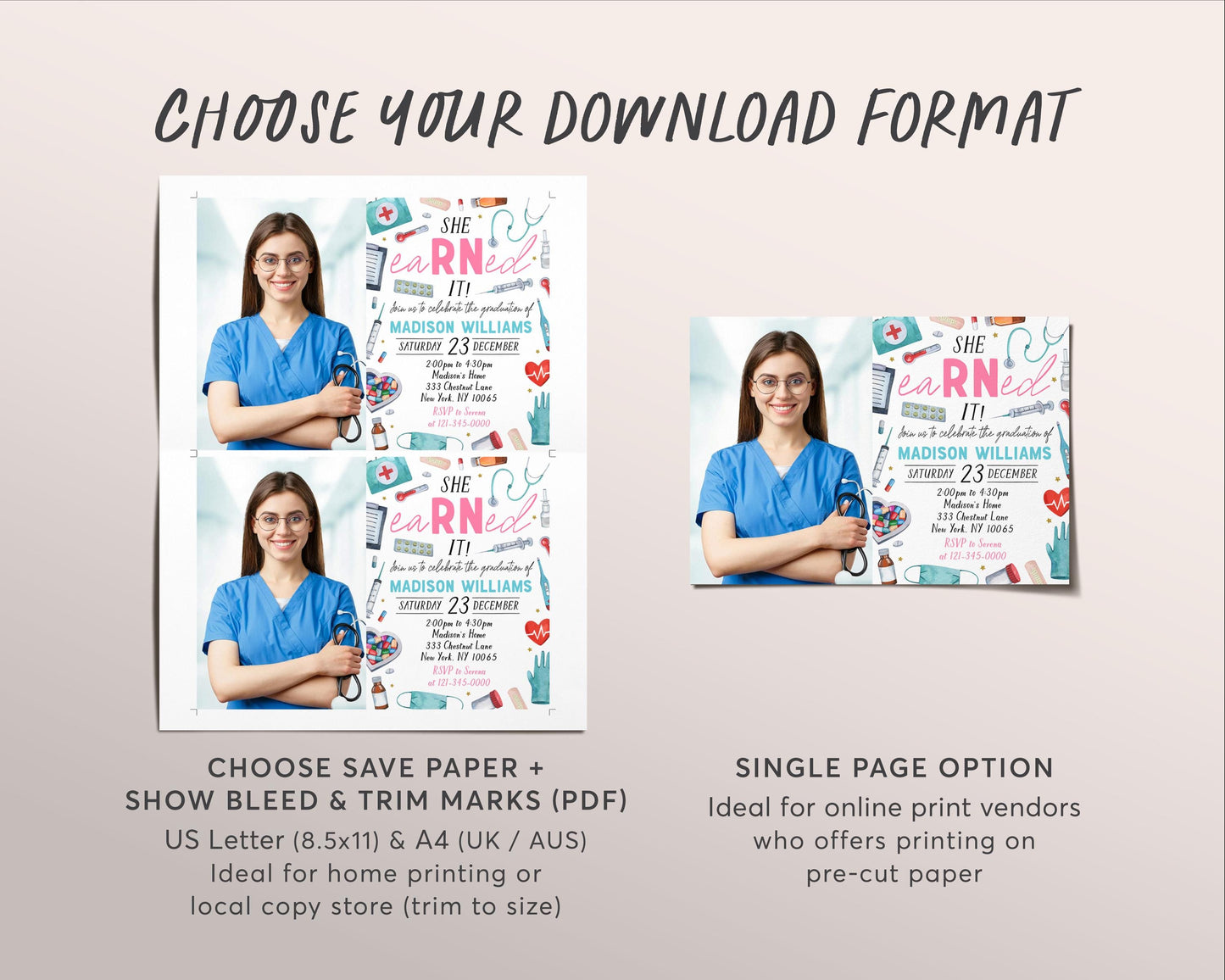 Nurse Graduation Invitation With Photo Editable Template, She eaRNed It RN Grad Announcement Party Invite Registered Nurse Pinning Ceremony
