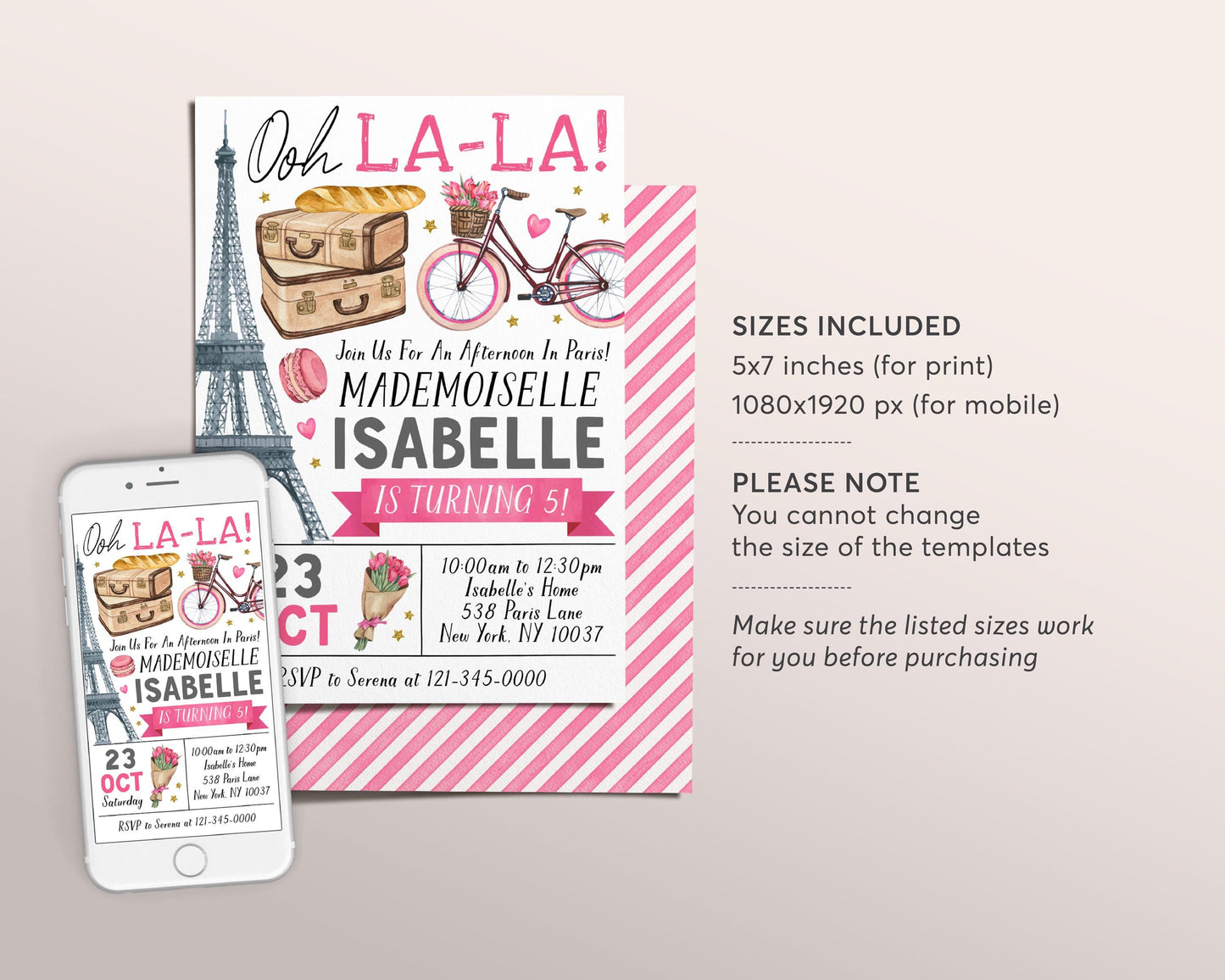 Paris Theme Birthday Invitation Editable Template, Oh La La Eiffel Tower Party Invite, French France Parisian Kids Tween Bow Floral Evite