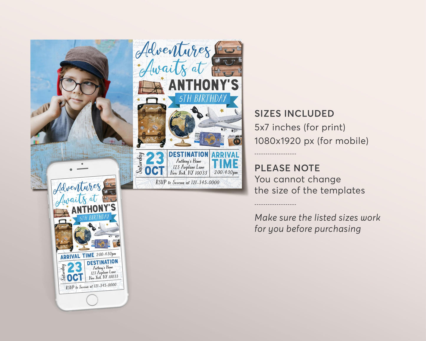 Adventure Awaits Travel Birthday Invitation With Photo Editable Template, Around the World Party Invite, Vintage Map Passport Plane Evite