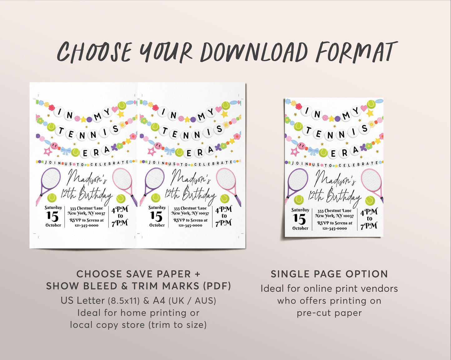 In My Tennis Era Birthday Invitation Editable Template, Tennis Friendship Bracelet Party Invite, Sports Game Day Match Tournament Eras Evite