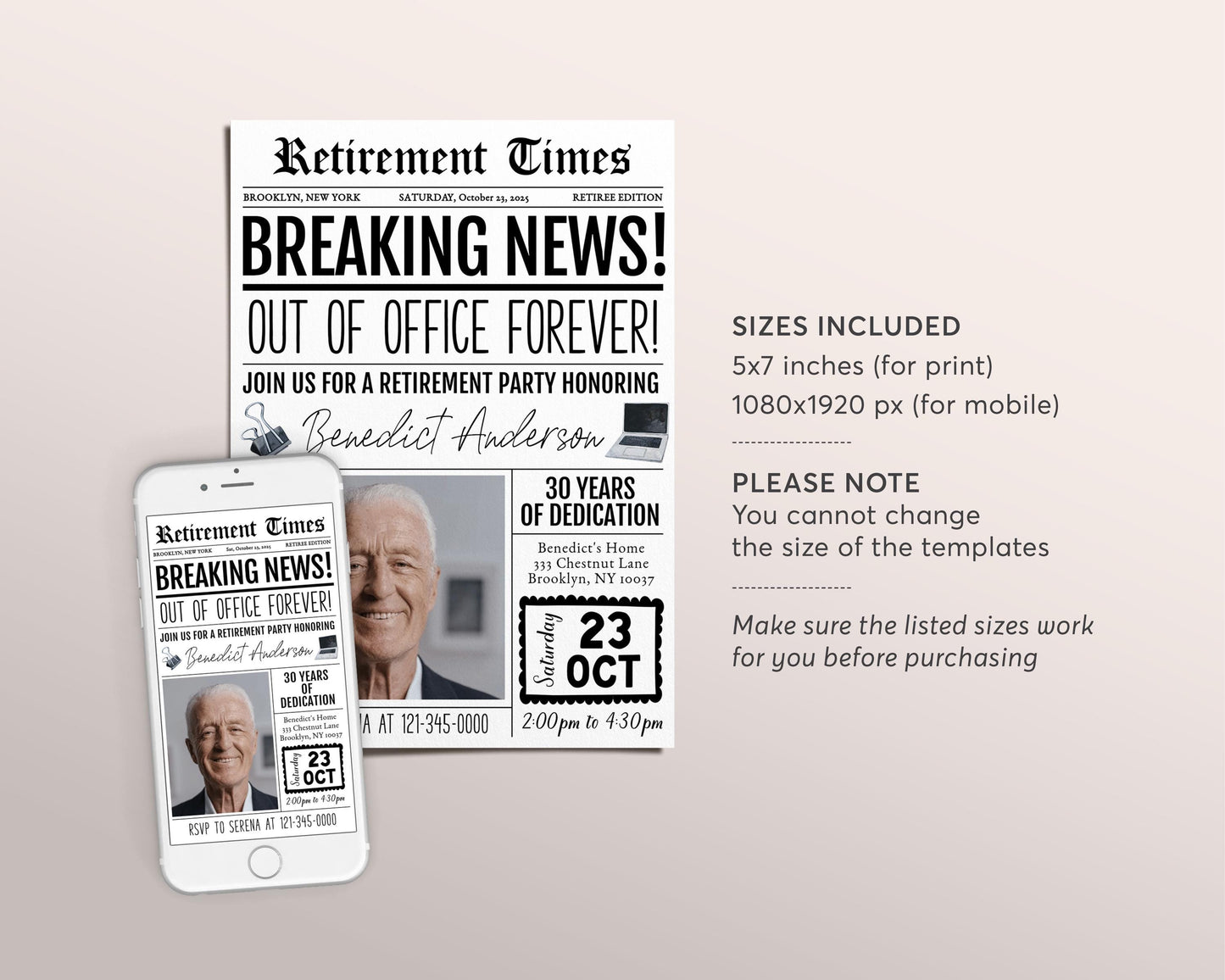 Out Of Office Forever Retirement Invitation Editable Template, Newspaper Retirement Surprise Party Invite, Retire Career Farewell Evite
