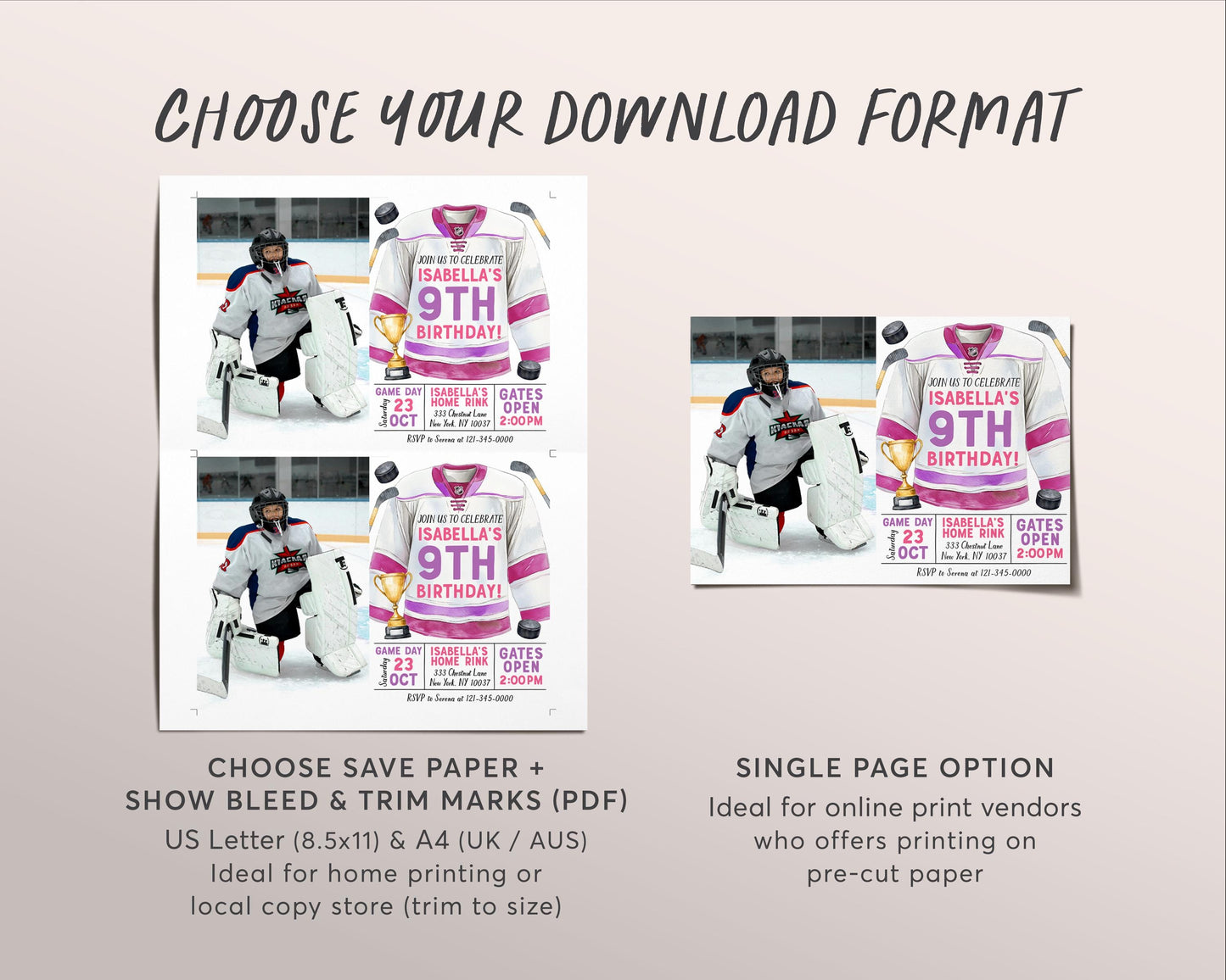 Hockey Birthday Invitation With Photo Editable Template, Girl Ice Skating Rink Ice Hockey Jersey Invite, Pink Sports Game Time Puck Evite