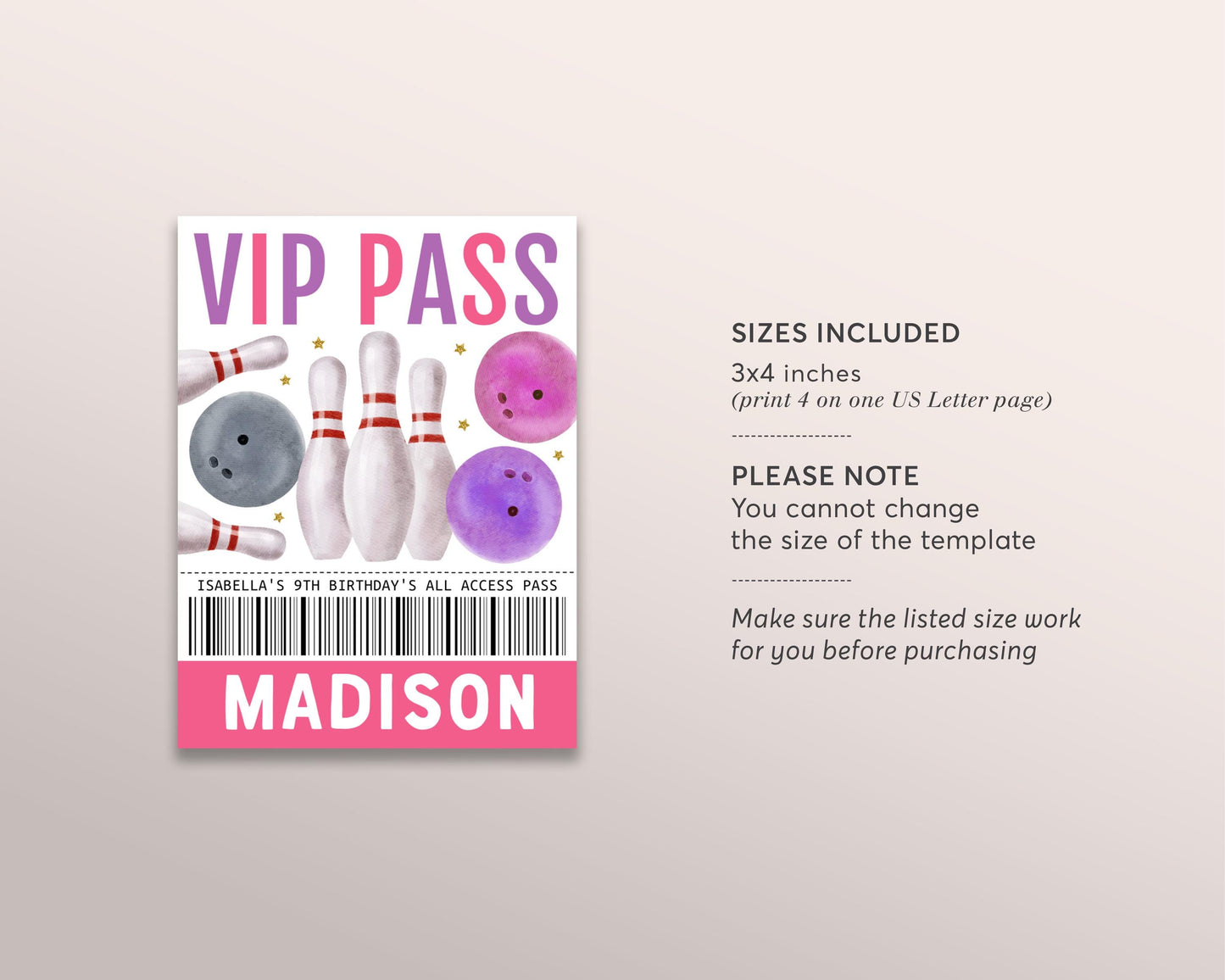 Bowling Birthday VIP Pass Editable Template, Girl Bowling Party Bash All Access Pass, Bowling Alley Name Insert, ID Badge Insert Lanyard
