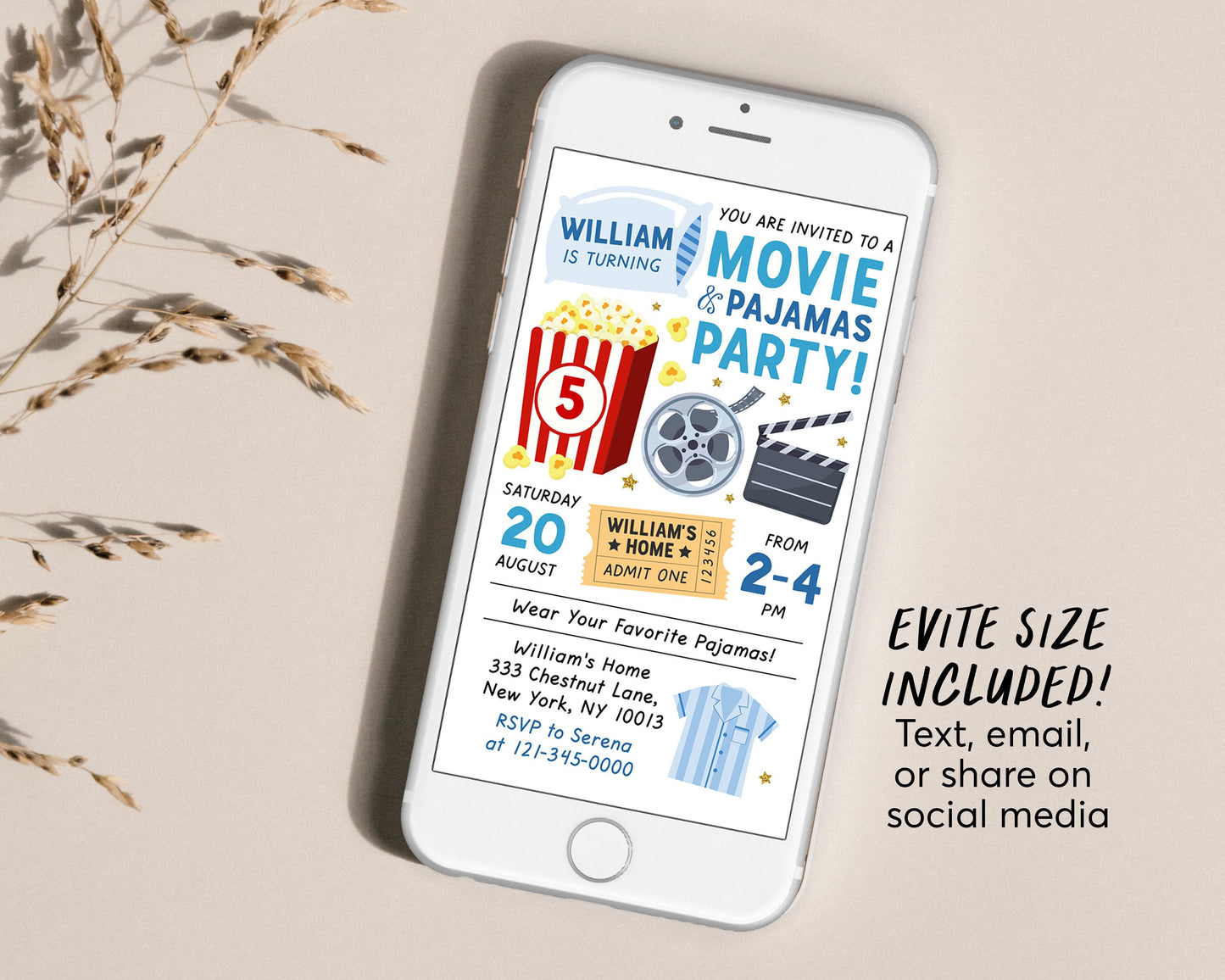 Movie and Pajamas Party Birthday Invitation Editable Template, Boy Movie Slumber Party Popcorn Invite, Sleepover Movie Night Ticket Evite