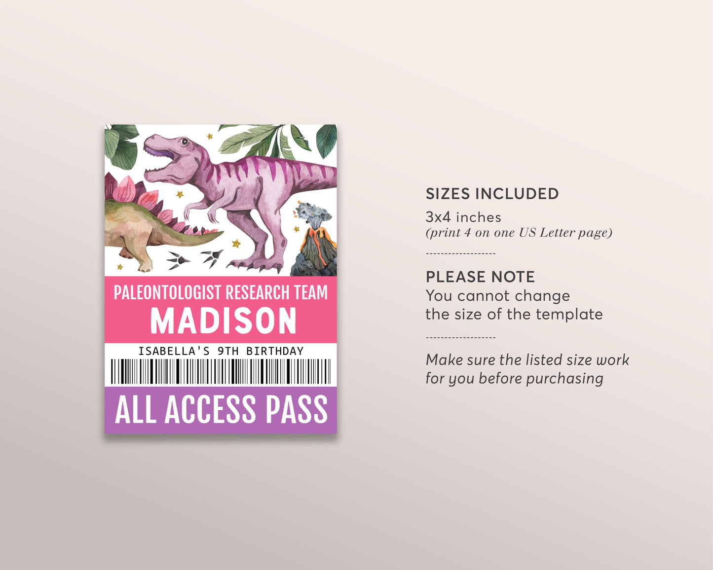 Dinosaur Party ID Badge VIP Pass Editable Template, Girl Paleontologist Scientist All Access Pass, Prehistoric Jurassic T-Rex Name Insert