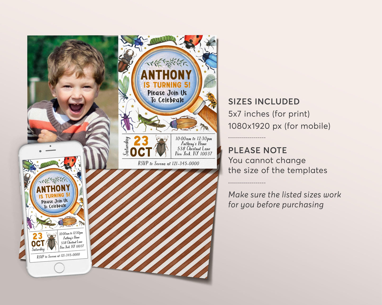 Insect Bugs Birthday Invitation With Photo Editable Template, Nature Bug Party Invite, Kids Bugging Out Garden Party Creepy Crawly Evite