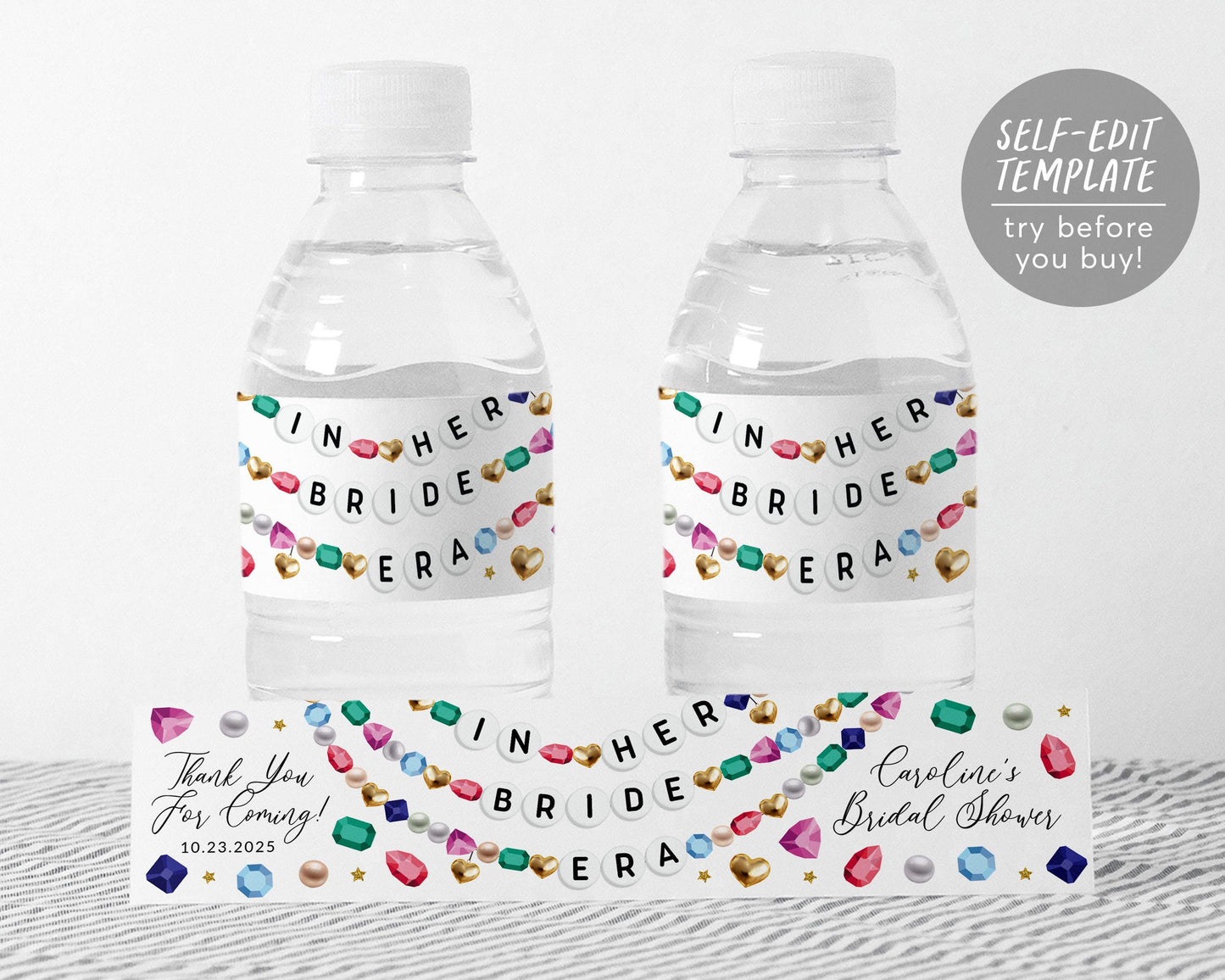 In Her Bride Era Bridal Shower Water Bottle Labels Editable Template
