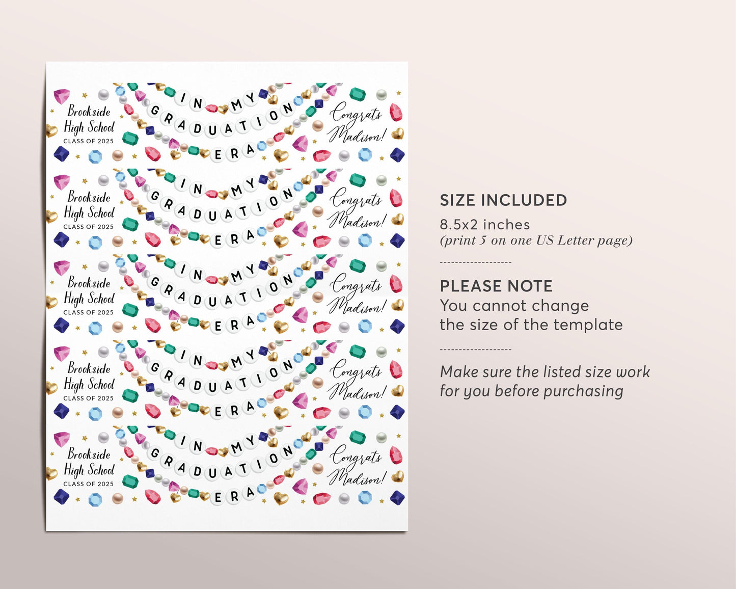 Graduation Era Water Bottle Labels Editable Template, Graduate Friendship Bracelet Party Wrapper Drink Tag Eras Graduating Class School Wrap