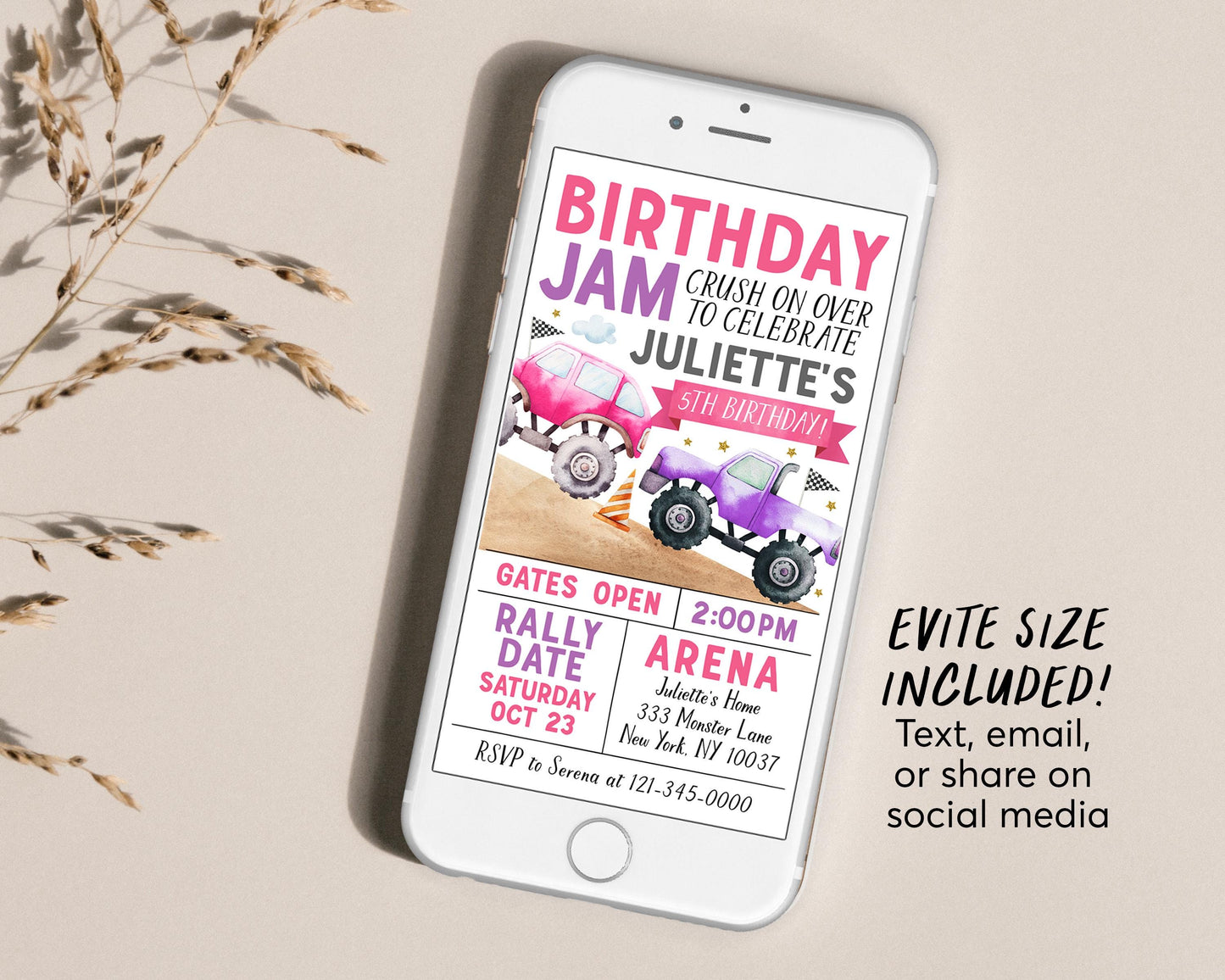 Birthday Monster Jam Birthday Invitation Editable Template, Girl Monster Truck Party Invite, Monster Truck Bash Crush On Over Evite Any Age