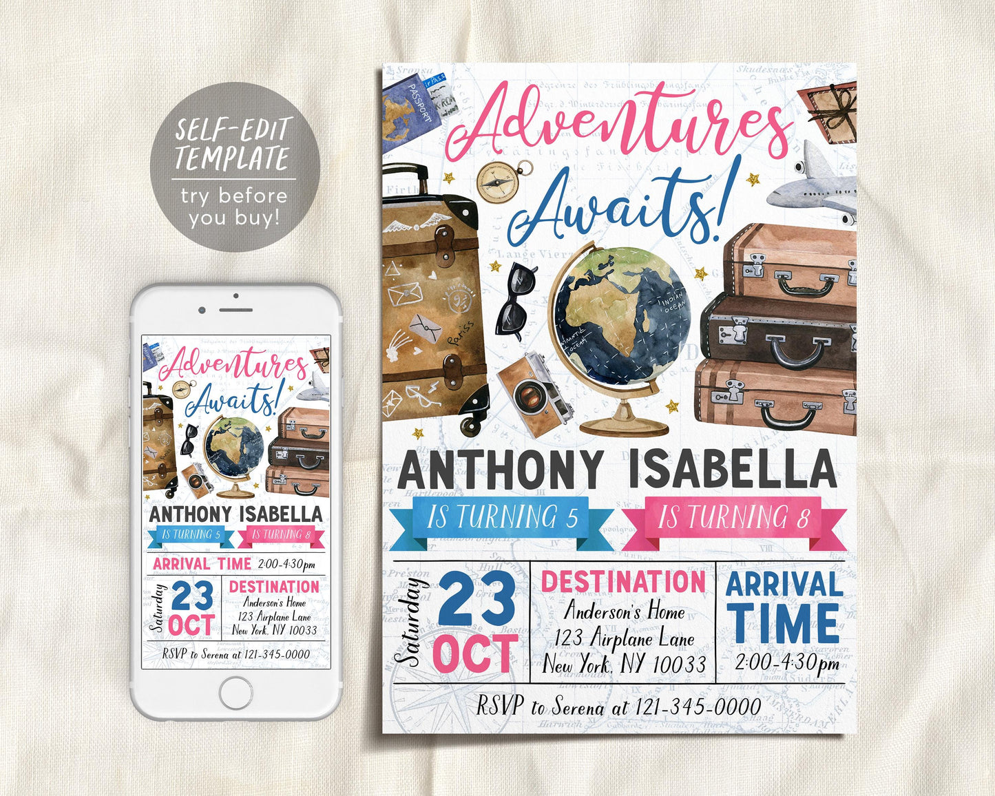 Adventure Awaits Travel Joint Siblings Birthday Invitation Editable Template,