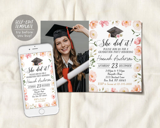 Graduation Floral Invitation With Photo Editable Template