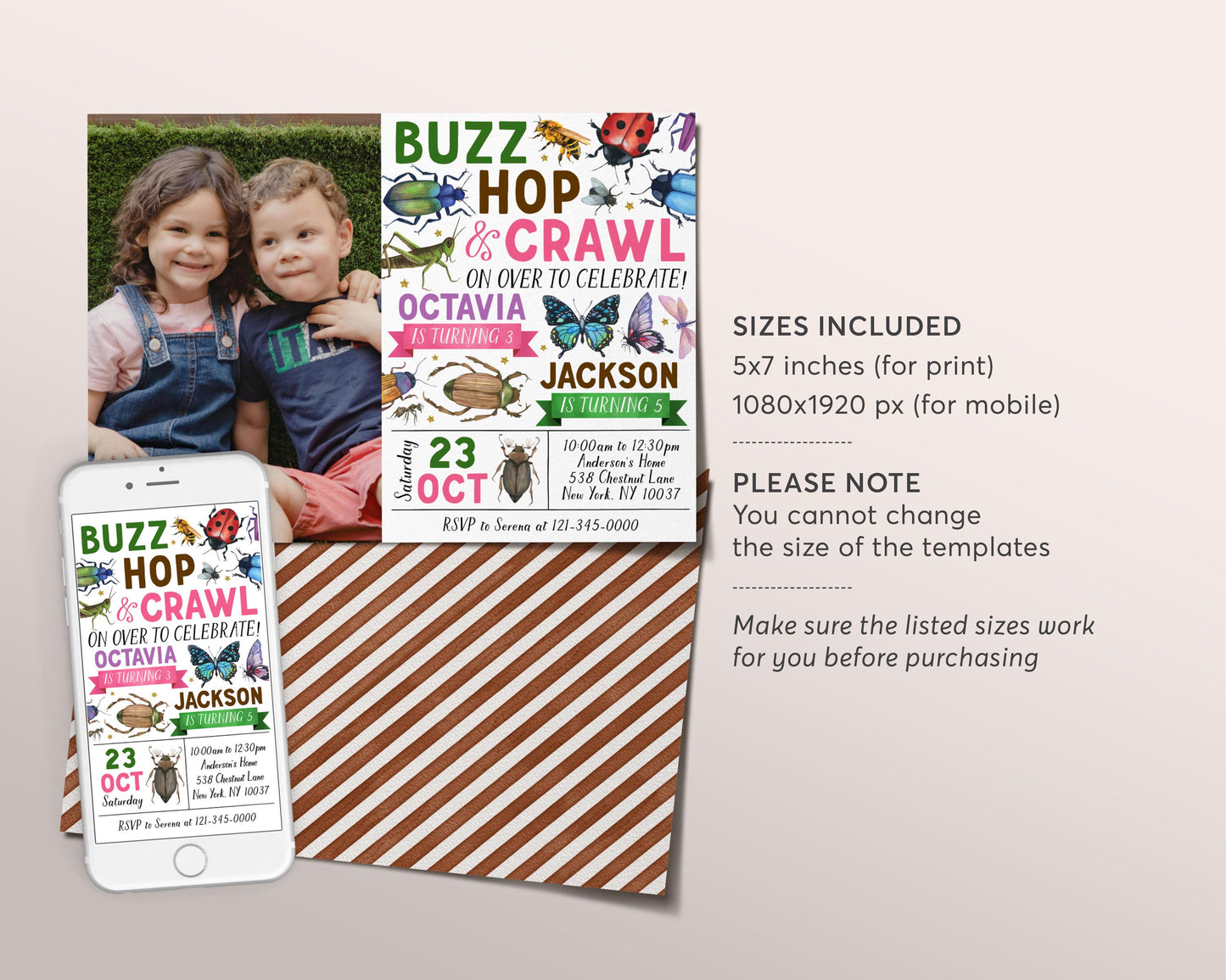 Insect Bugs Joint Siblings Birthday Invitation With Photo Editable Template, Twins Girl Boy Buzz Hop Crawl Party Invite, Kids Bug Hunt Evite