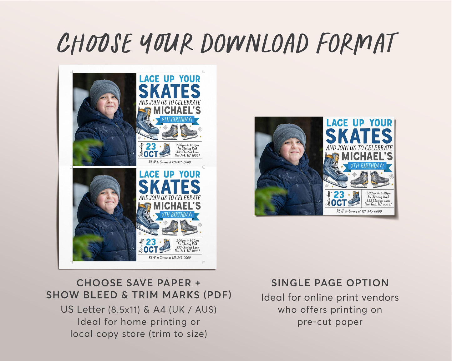 Ice Skating Birthday Invitation With Photo Editable Template, Boy Ice Hockey Skating Party Invite, Kids Lace Up Your Skates Skate Rink Evite