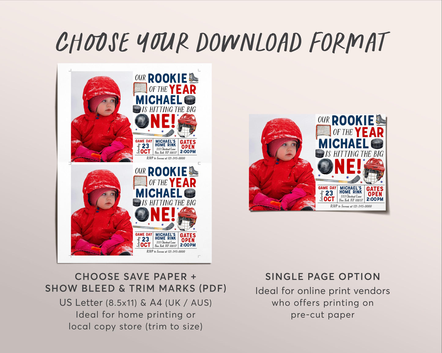 Ice Hockey First Birthday Invitation With Photo Editable Template, Rookie Of The Year Ice Skating Rink Invite, Boy Sports Game Time Evite
