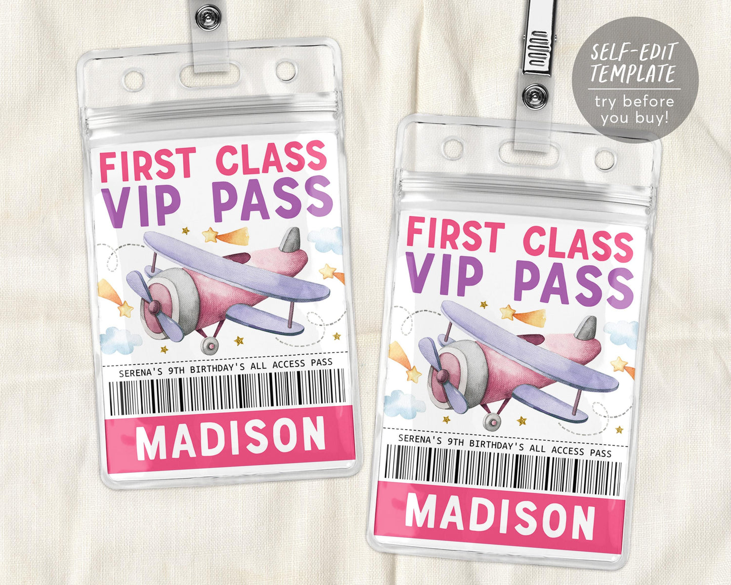 Airplane Birthday All Star VIP Pass Editable Template
