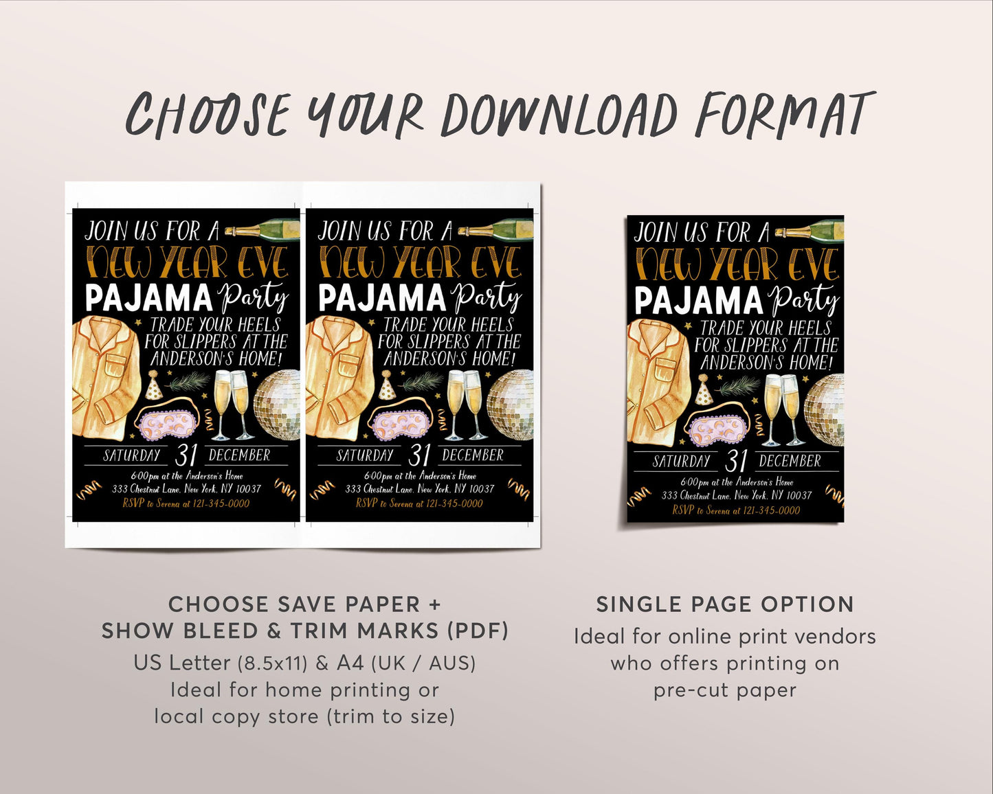 New Year Eve Pajama Party Invitation Editable Template, Adult NYE Slumber Party Invite, Black And Gold New Years Sleepover Champagne Pajamas