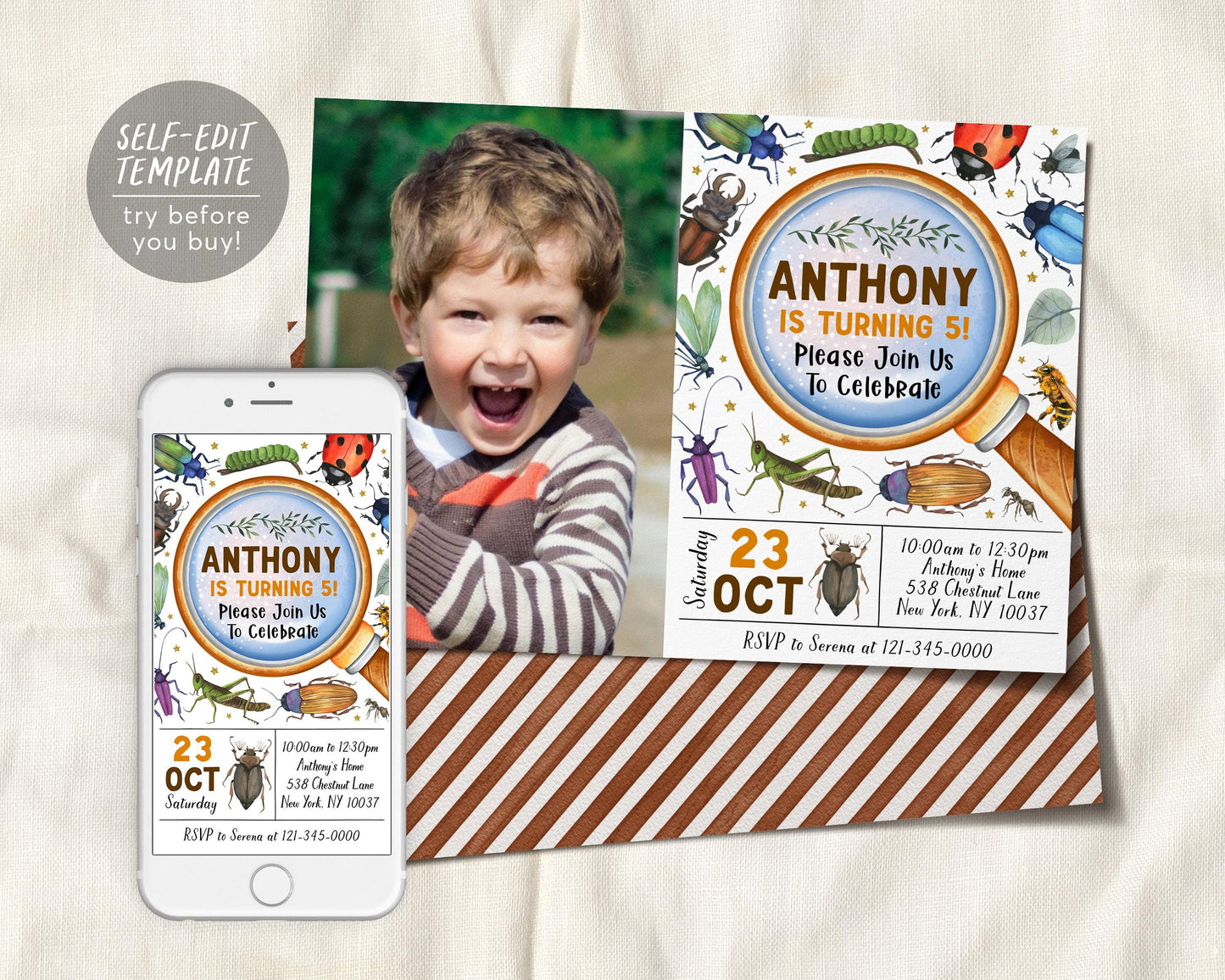 Insect Bugs Birthday Invitation With Photo Editable Template