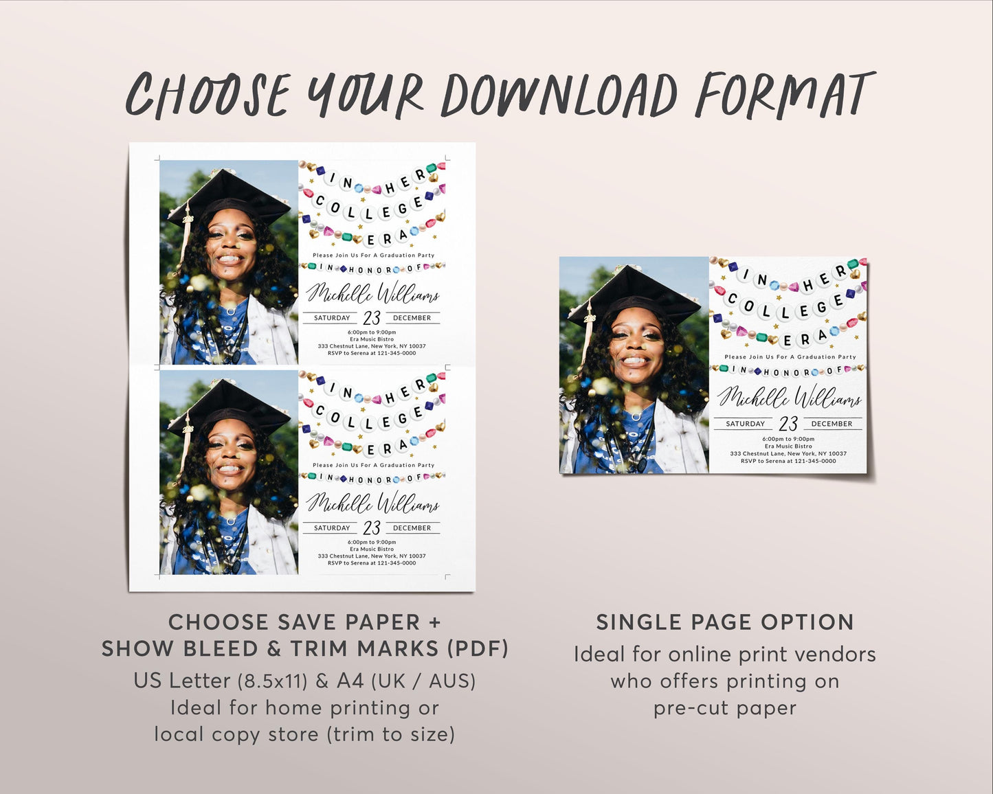 In Her College Era Invitation With Photo Editable Template, Graduation Announcement Friendship Bracelet Party Invite, Graduating Class Evite